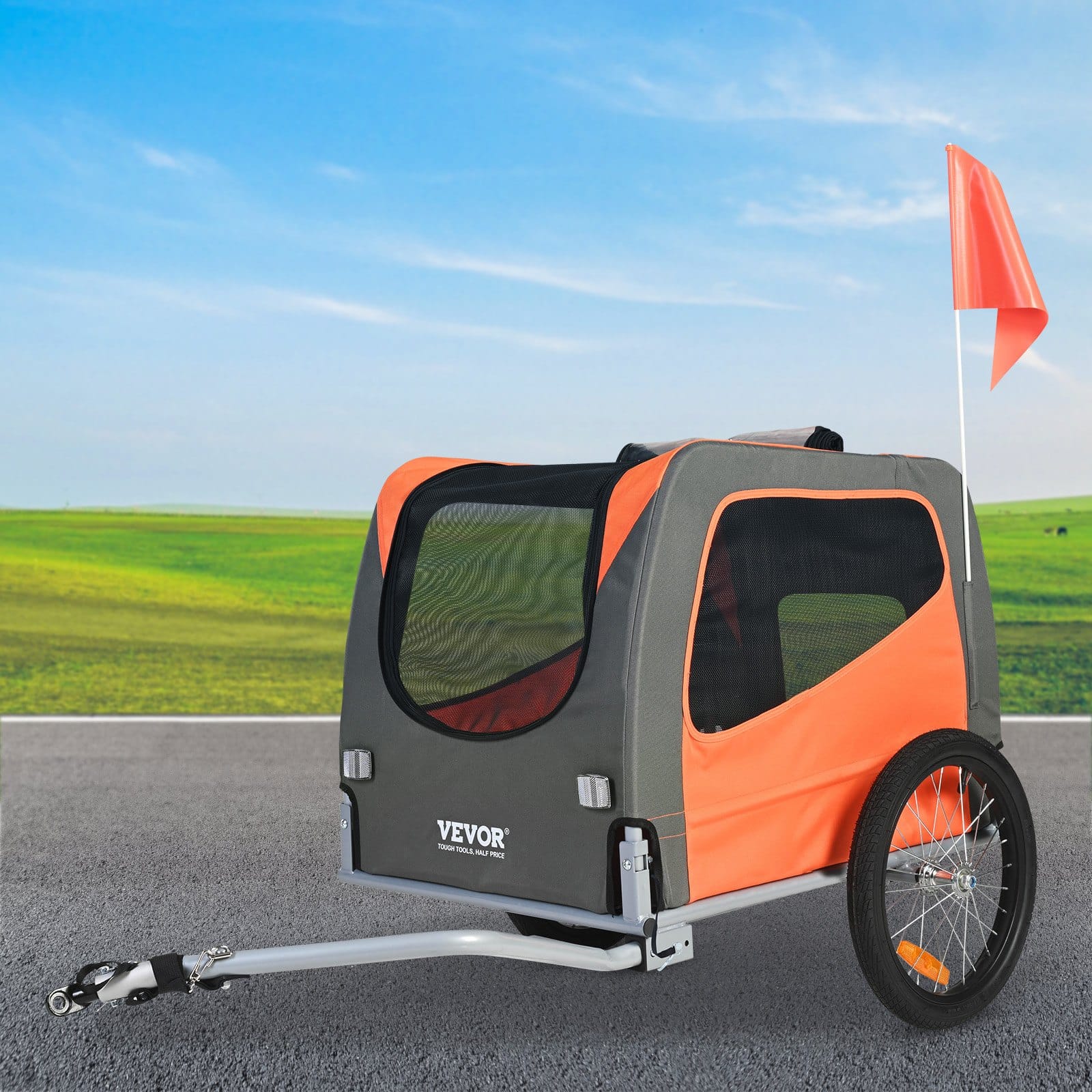 VEVOR Dog Bike Trailer 30kg Load, Foldable Pet Bicycle Carrier with Reflectors, Flag, Quick Release Wheels, Orange/Gray — attēls 8