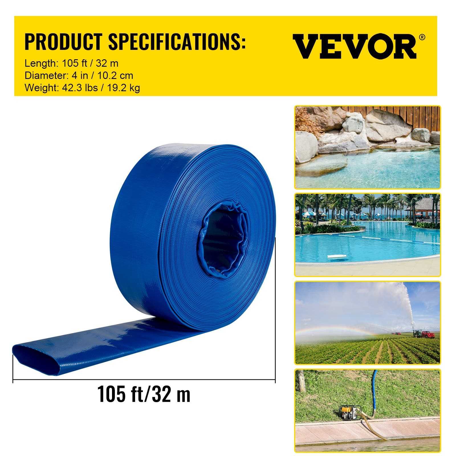 VEVOR 101.6 mm x 32 m Heavy-Duty PVC Lay Flat Discharge Hose with Clamps, Weather & Burst-Proof for Pool & Water Transfer — изображение 7