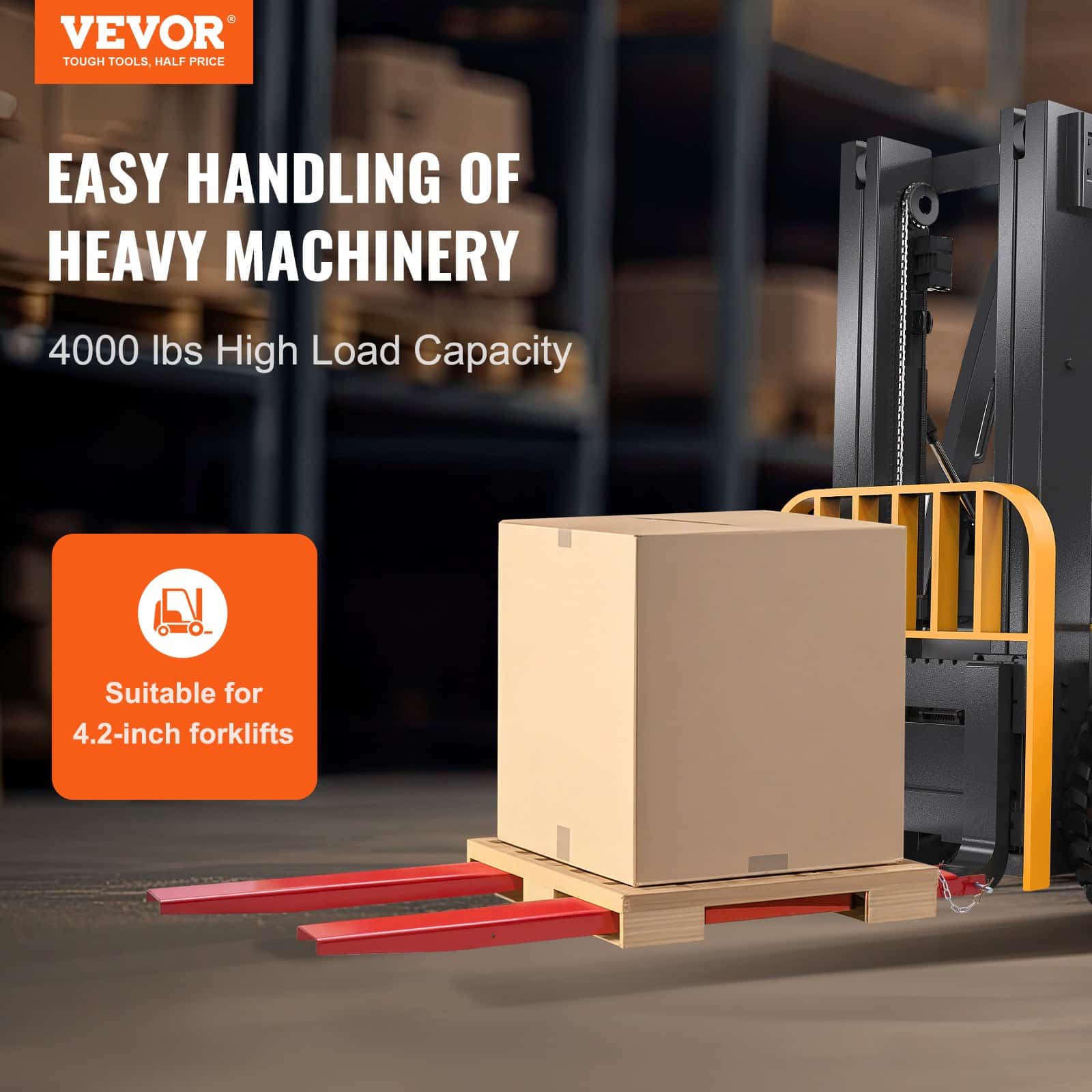 VEVOR Heavy-Duty Forklift Extensions 2090 mm, Carbon Steel, 125 mm Wide, 1 Pair with Pins, Red Fork Attachments - Pilt 2