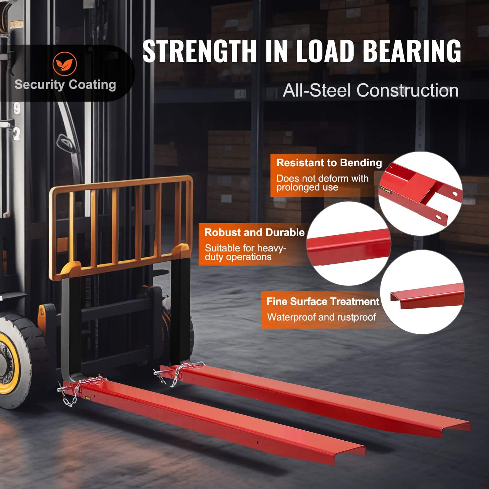 VEVOR Heavy-Duty Forklift Extensions 2090 mm, Carbon Steel, 125 mm Wide, 1 Pair with Pins, Red Fork Attachments - Pilt 3
