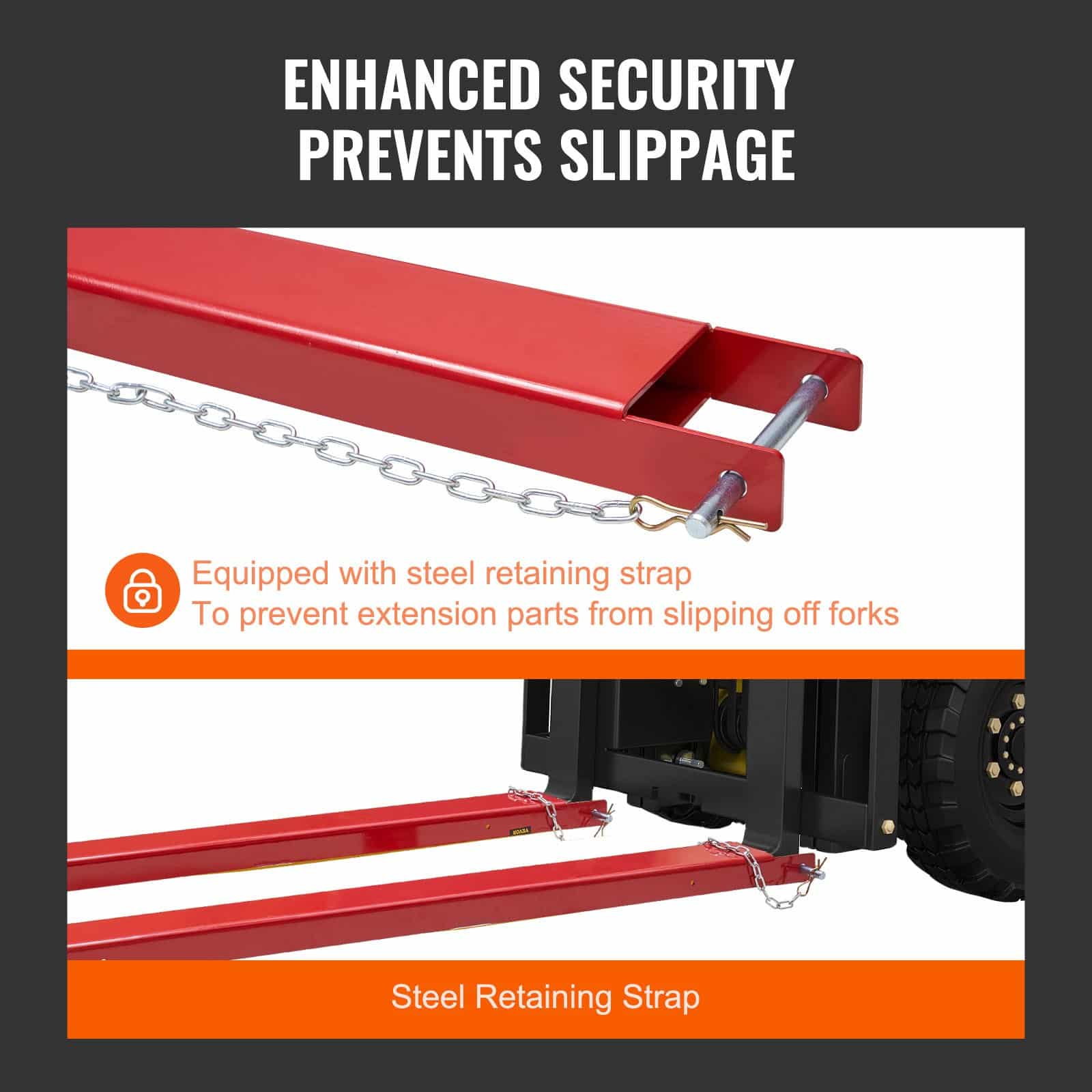 VEVOR Heavy-Duty Forklift Extensions 2090 mm, Carbon Steel, 125 mm Wide, 1 Pair with Pins, Red Fork Attachments - Pilt 4