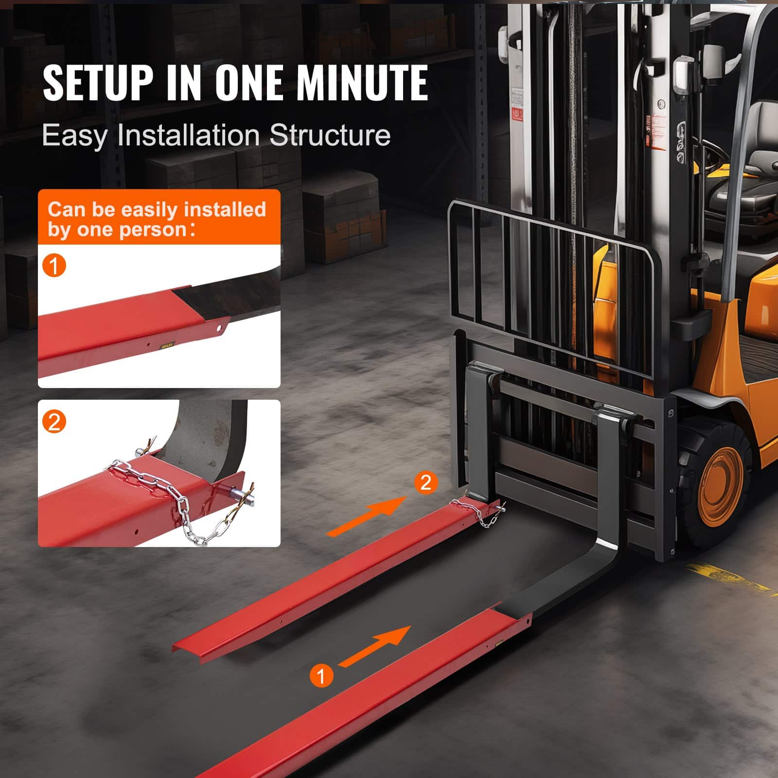 VEVOR Heavy-Duty Forklift Extensions 2090 mm, Carbon Steel, 125 mm Wide, 1 Pair with Pins, Red Fork Attachments - Pilt 5