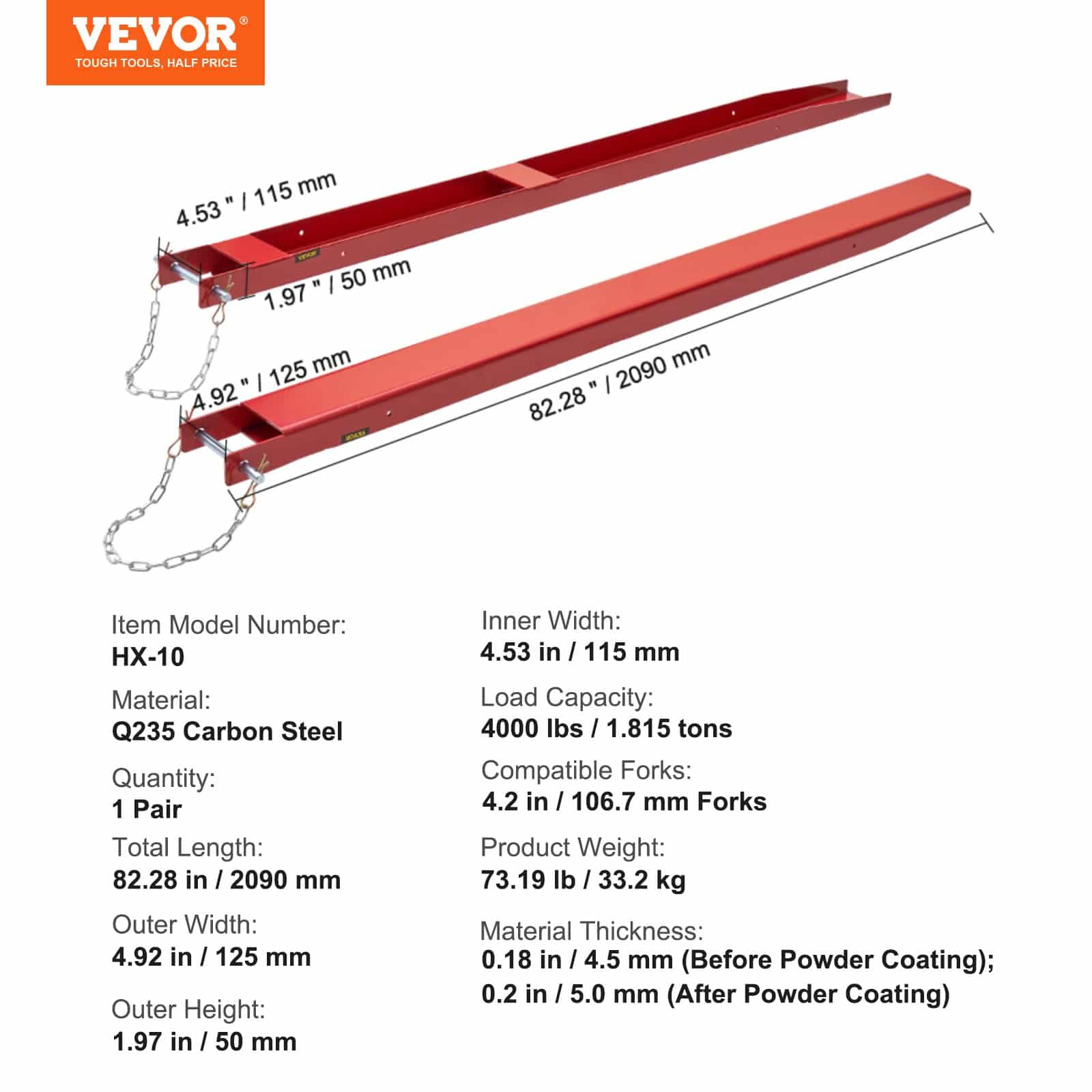 VEVOR Heavy-Duty Forklift Extensions 2090 mm, Carbon Steel, 125 mm Wide, 1 Pair with Pins, Red Fork Attachments - Pilt 7