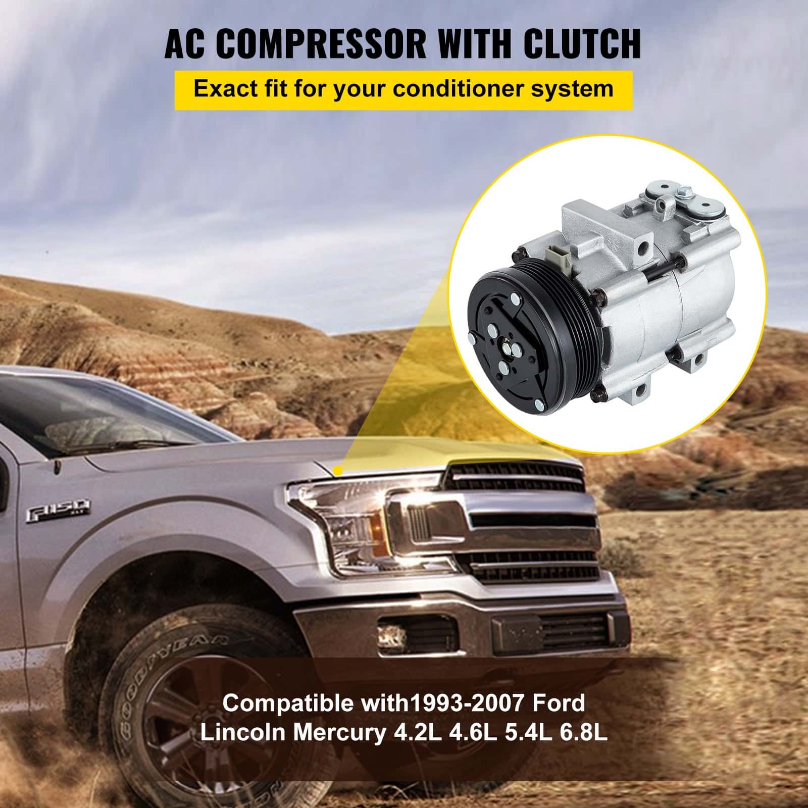 VEVOR Universal AC Compressor with Clutch for Ford/Lincoln/Mercury 1993–2007, 4.2L/4.6L/5.4L/6.8L, FS10 Type, Aluminum, OEM Fit — attēls 2