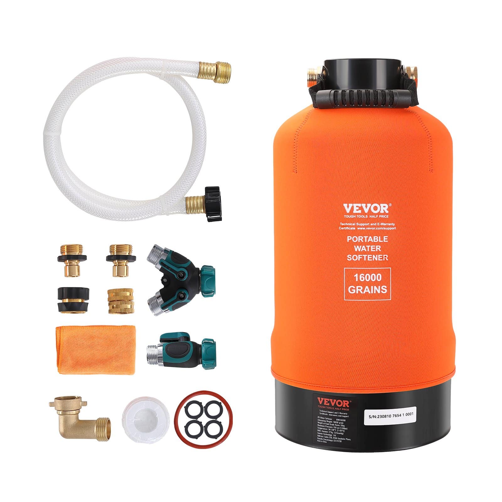 VEVOR 16,000 Grain Portable RV Water Softener with 19 mm Brass Fittings & 106 cm Hose – Hard Water Filter for RV, Boat, Car Wash