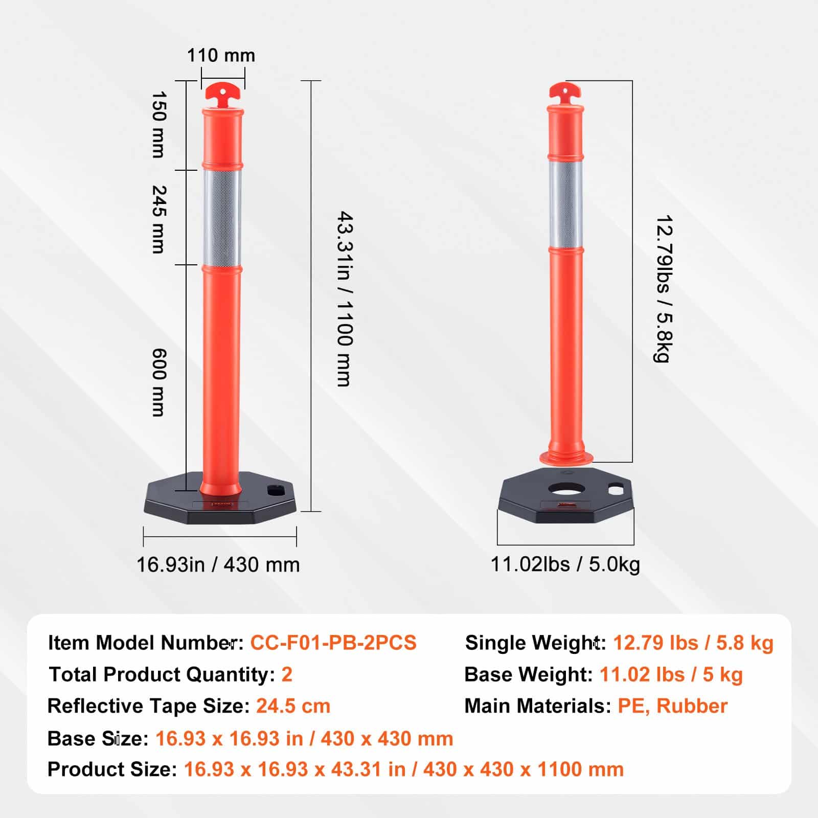 VEVOR Traffic Delineator Post Cones 2-Pack with 43x43 cm Rubber Base, Reflective Strip, for Road Safety, Parking, Construction Use — изображение 7