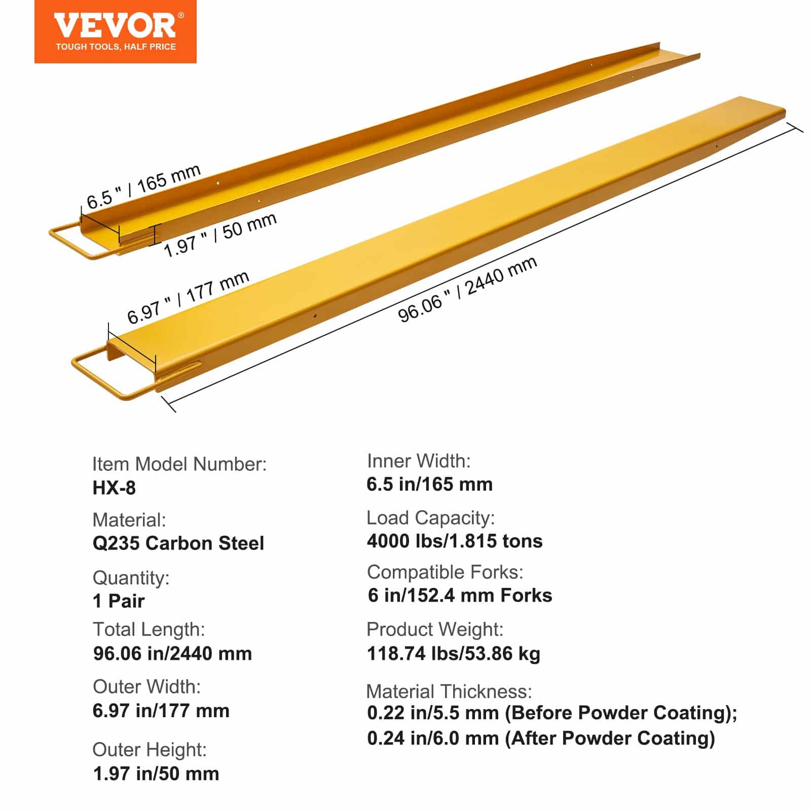 VEVOR 244 cm Heavy Duty Forklift Pallet Fork Extensions, Carbon Steel, Fits 15 cm Forks, 1 Pair, Yellow - Pilt 7