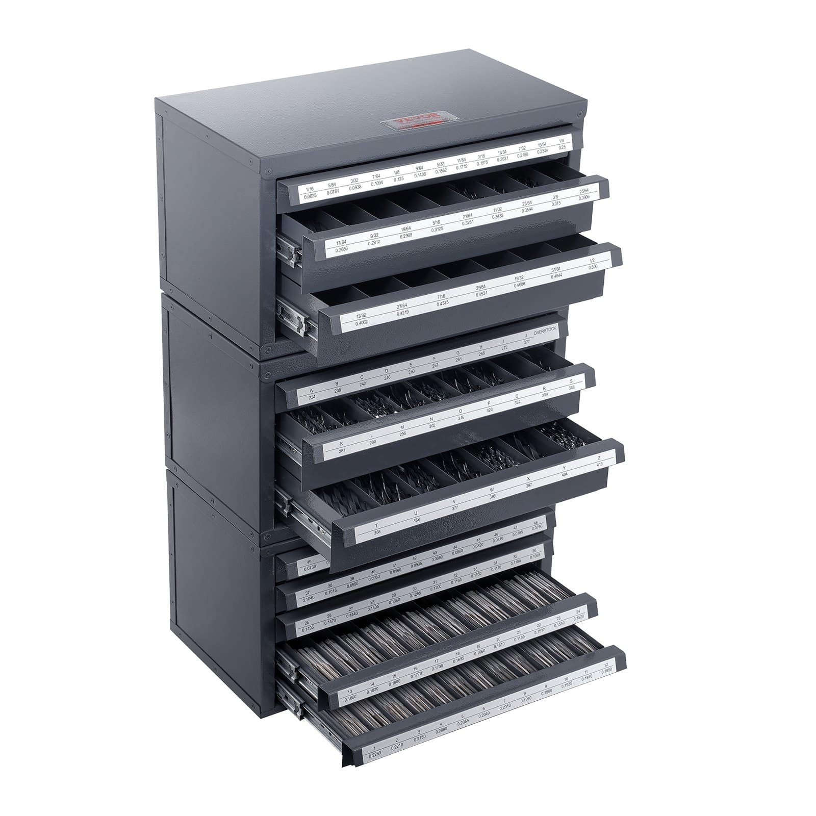 VEVOR 3-Piece Drill Bit Organizer Cabinet with 8 Drawers for A–Z & #1–#60 Bits, Stackable Steel Storage for 1.6–12.7mm Bits