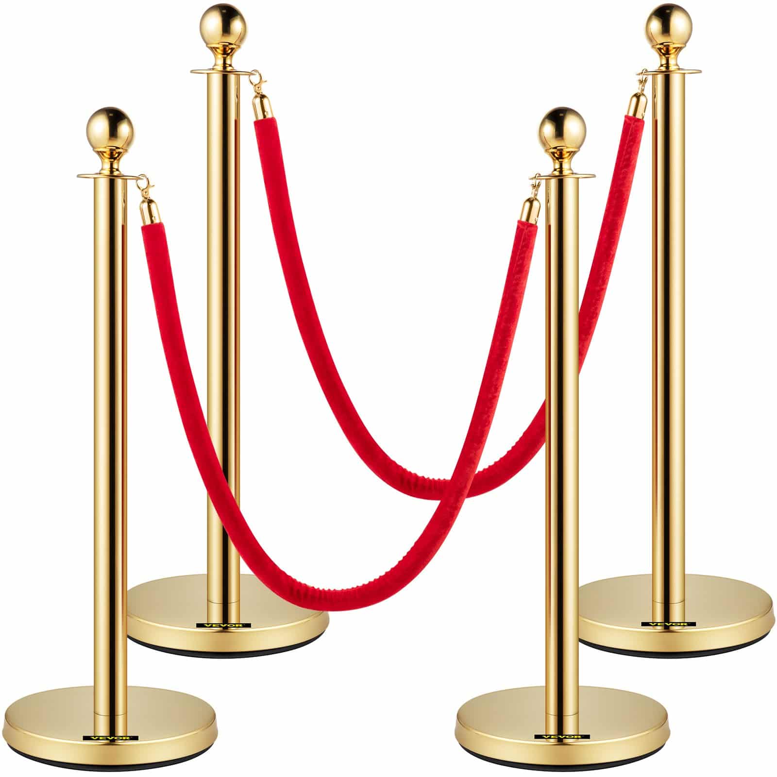 VEVOR 4-Pack Gold Crowd Control Stanchions ar 1,5 m sarkanām samta virvēm, nerūsējošā tērauda stabiem pasākumiem, ballītēm un teātriem