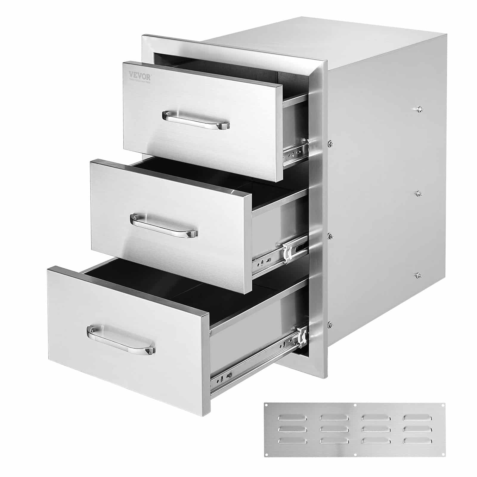 VEVOR Stainless Steel Triple BBQ Drawers 40x54.6x45.7 cm – Outdoor Kitchen Storage with Flush Mount & Smooth Sliding Rails