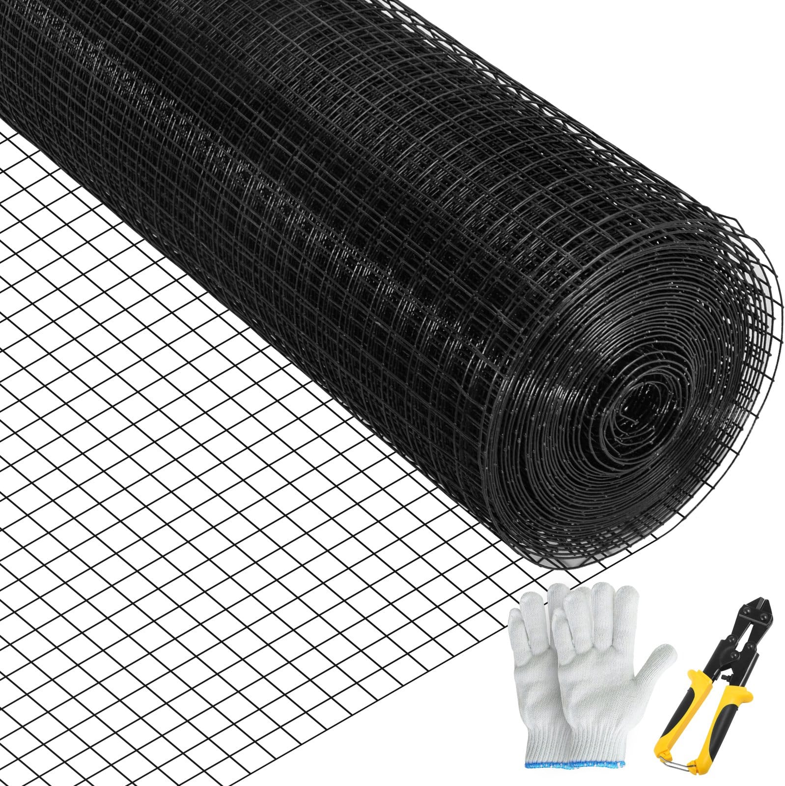 VEVOR 60x1524 cm Black Vinyl-Coated Galvanized 16-Gauge Steel Wire Mesh, 2.54x2.54 cm Grid, with Gloves & Cutter for Fencing