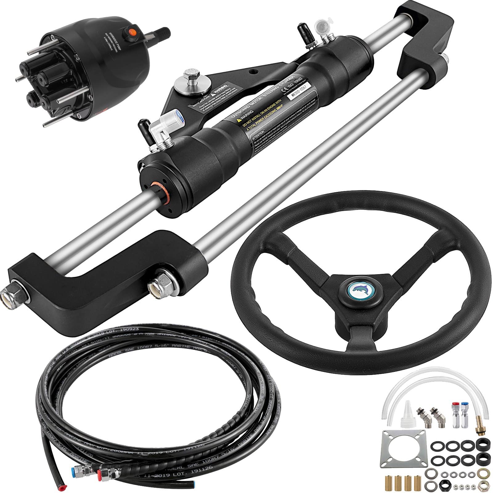 VEVOR 300HP Hydraulic Boat Steering System Kit with 13.5'' Wheel, Helm Pump, Cylinder, 5.5m Hose, Anti-Corrosion Marine Set