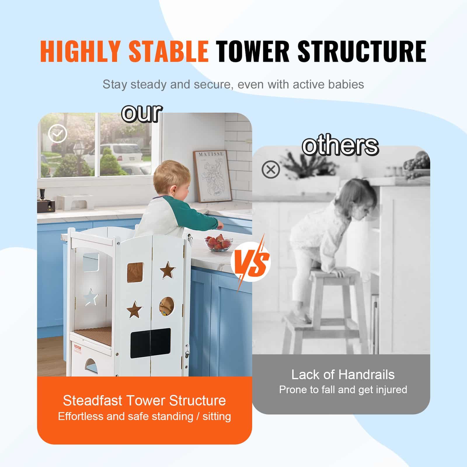 VEVOR Foldable Toddler Tower Step Stool, 3-Level Adjustable Height, 56.75 kg Load, Wooden Learning Helper, White — изображение 5