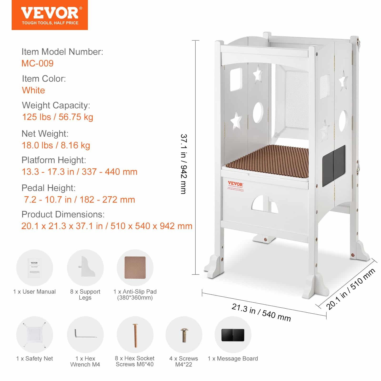 VEVOR Foldable Toddler Tower Step Stool, 3-Level Adjustable Height, 56.75 kg Load, Wooden Learning Helper, White — изображение 7