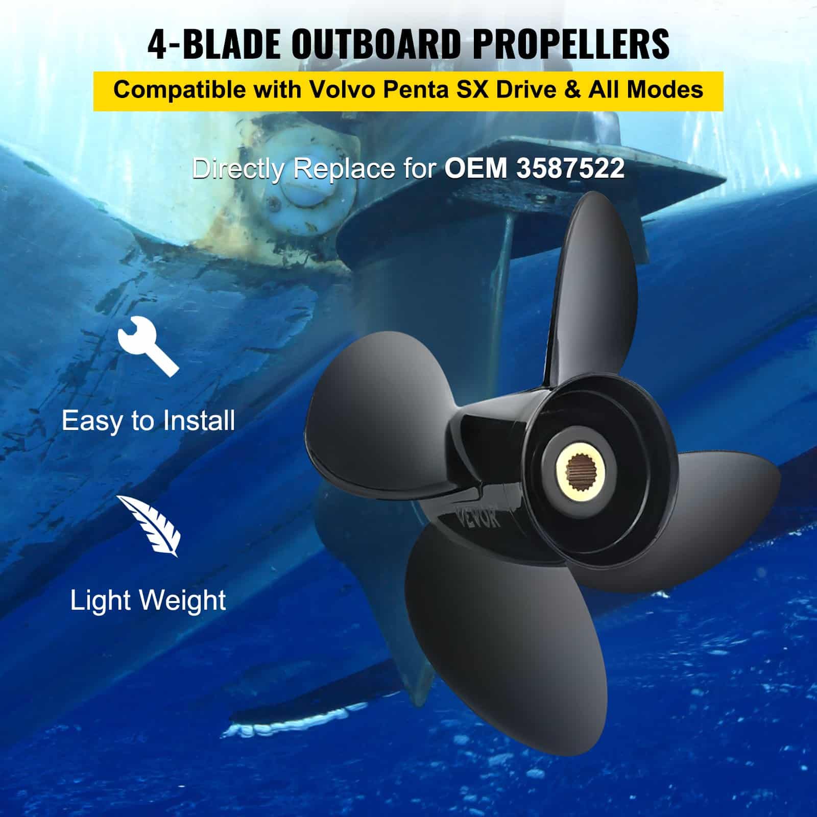 VEVOR 4-Blade 361mm x 483mm Aluminium Boat Propeller for Volvo Penta SX Drive, OEM 3587522 Replacement, 19-Tooth RH — изображение 2