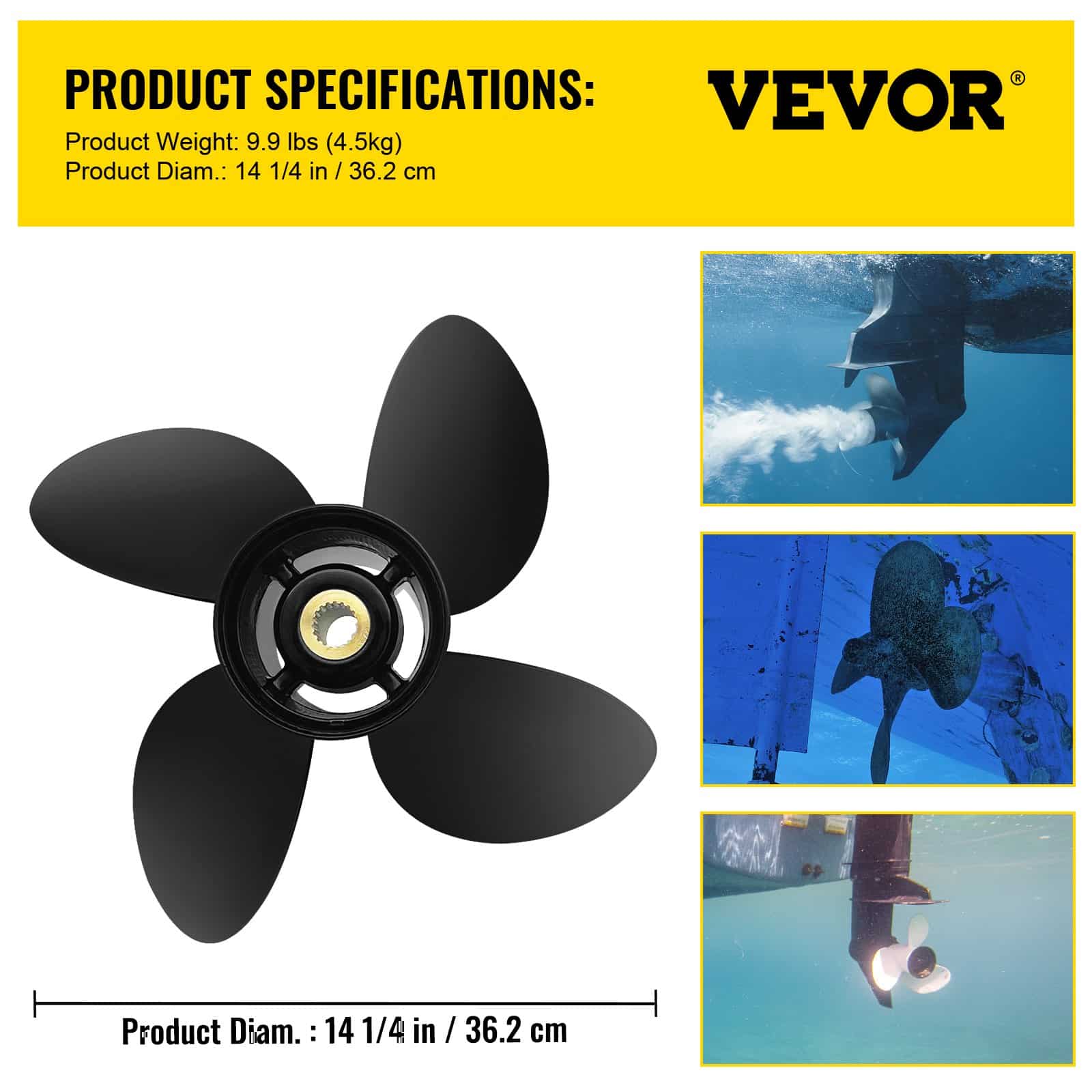 VEVOR 4-Blade 361mm x 483mm Aluminium Boat Propeller for Volvo Penta SX Drive, OEM 3587522 Replacement, 19-Tooth RH — изображение 7