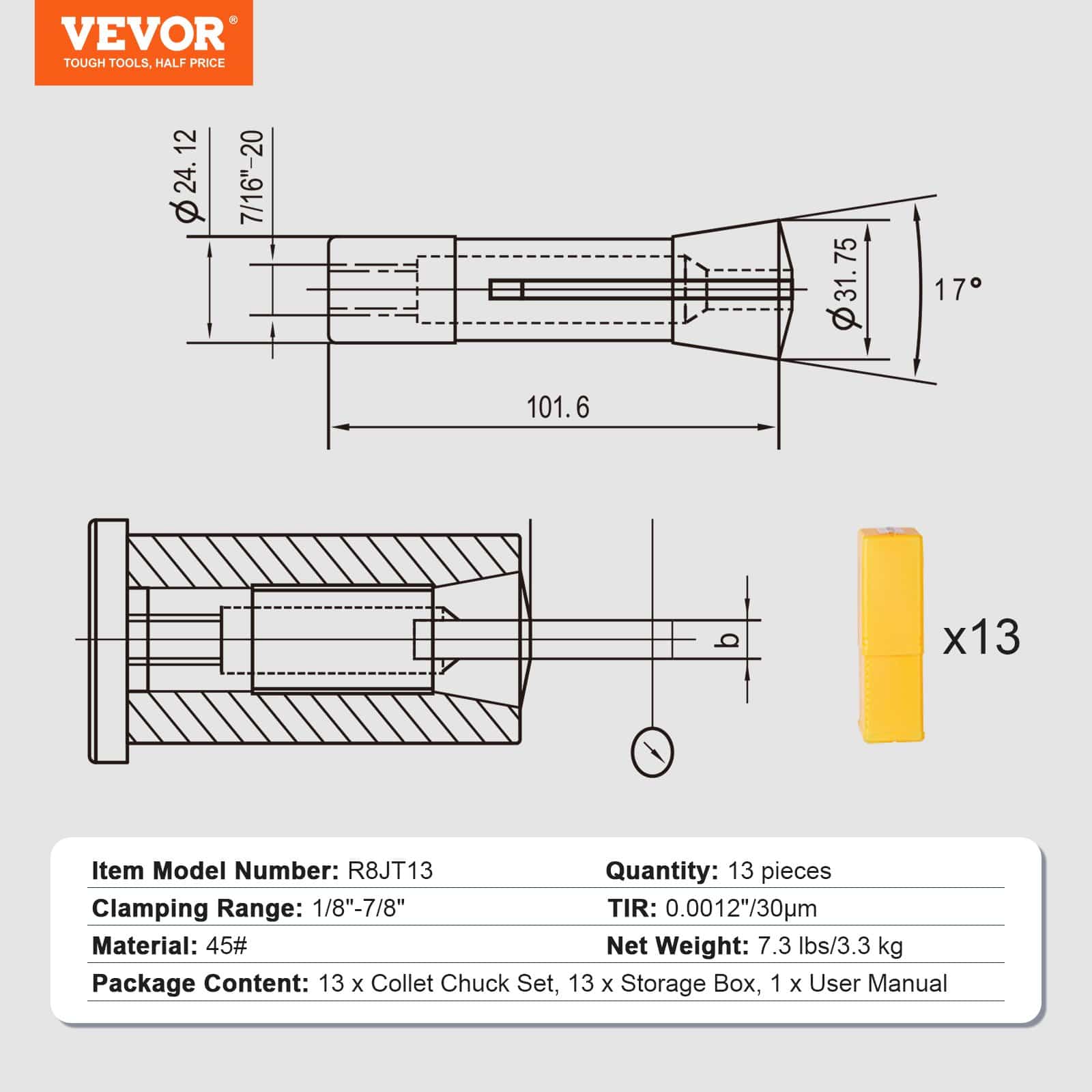 VEVOR 13 pcs Precision R8 Collet Set 3.18–22.23 mm, 45# Steel, 30μm TIR, with Storage Box, for Milling & Drilling Machines — Attēls 7