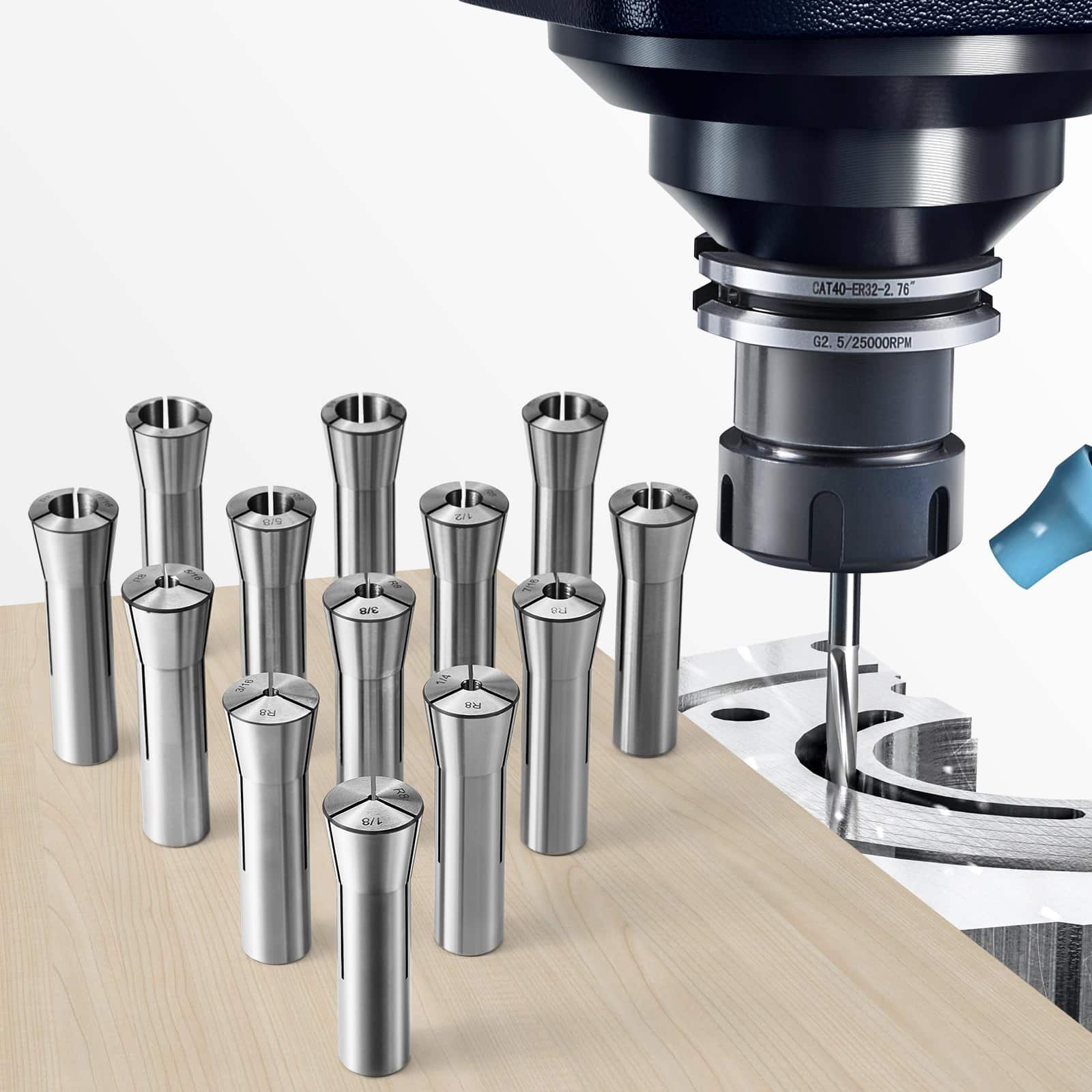 VEVOR 13 pcs Precision R8 Collet Set 3.18–22.23 mm, 45# Steel, 30μm TIR, with Storage Box, for Milling & Drilling Machines — Attēls 8