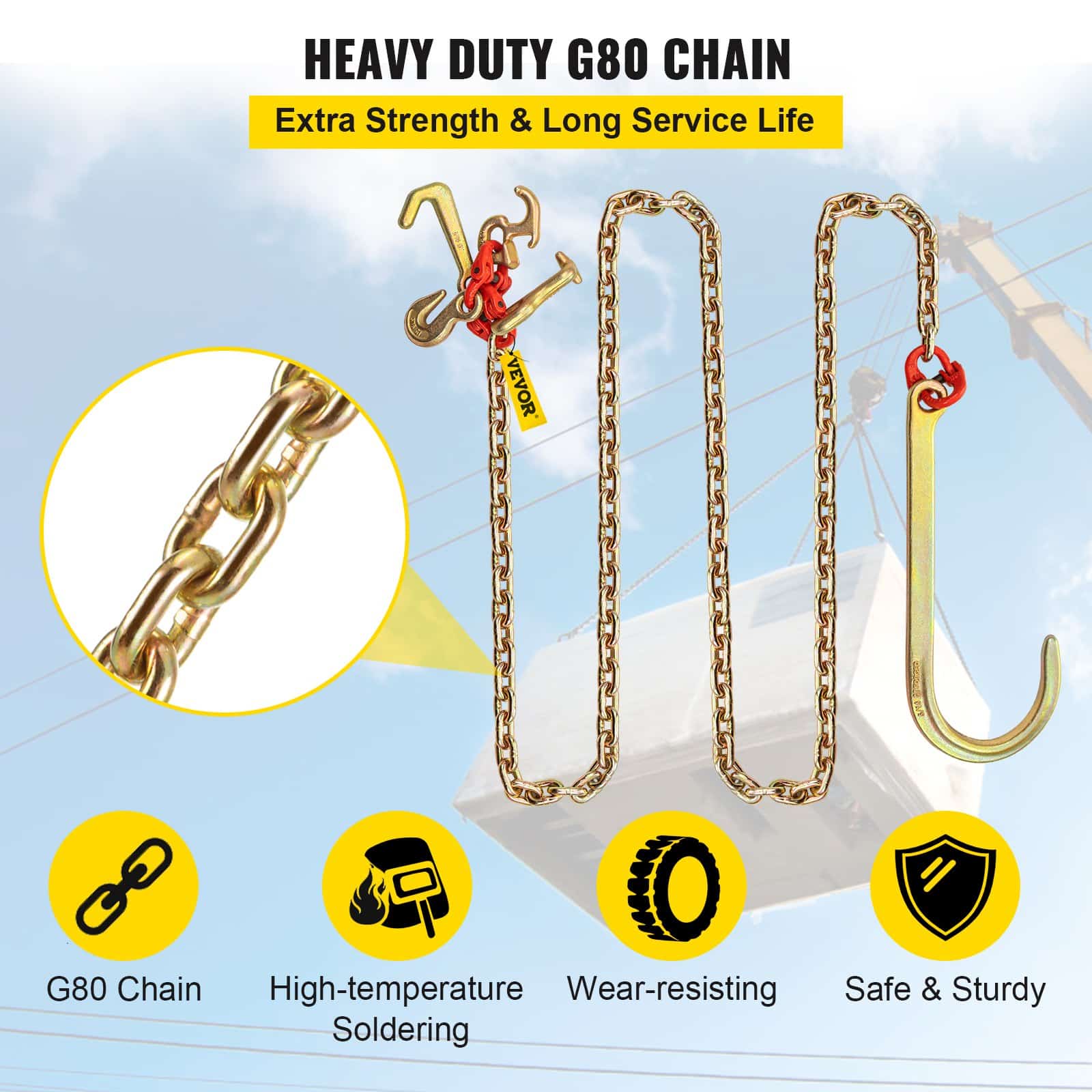 VEVOR 2PCS G80 J Hook Tow Chain 8mm x 3m, 5400 lbs Load, RTJ & Grab Hooks, Heavy Duty Transport Chain for Truck Trailer Recovery - Image 5