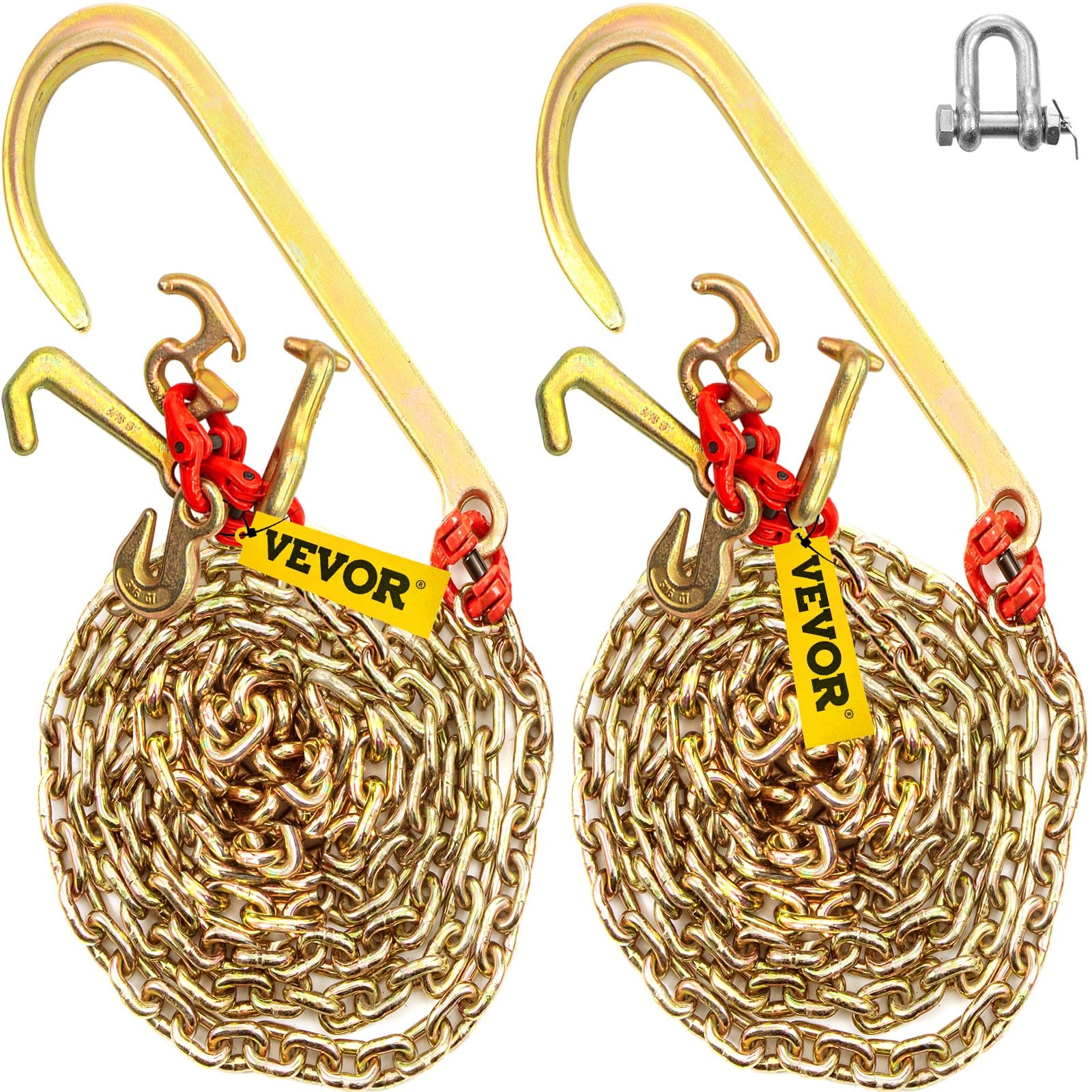 VEVOR 2PCS G80 J Hook Tow Chain 8mm x 3m, 5400 lbs Load, RTJ & Grab Hooks, Heavy Duty Transport Chain for Truck Trailer Recovery