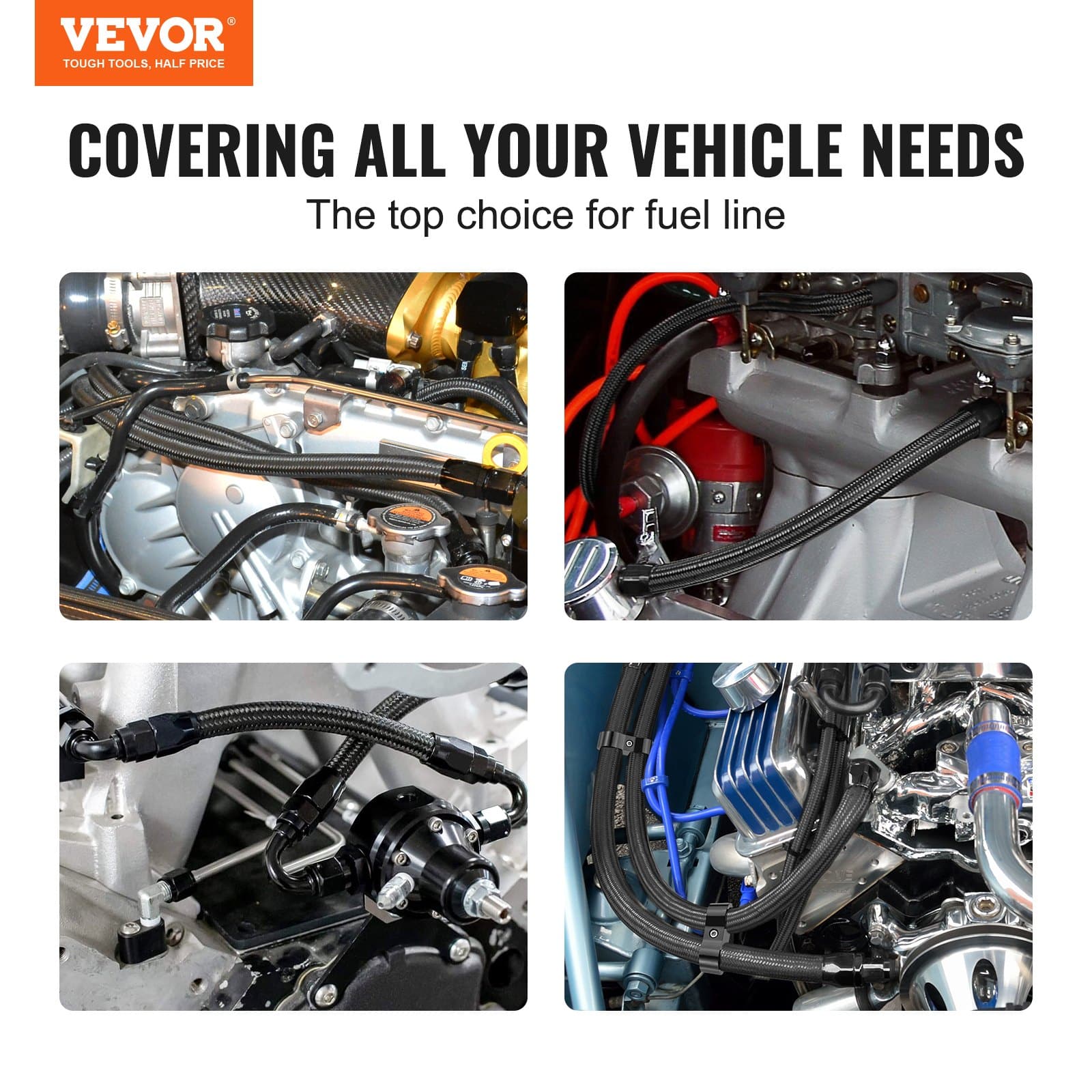 VEVOR 6AN Fuel Line Kit 6.8m, 8.6mm Nylon Braided Hose for Oil/Gas/Diesel, 12 Swivel Fittings, High-Pressure, Black - Image 2