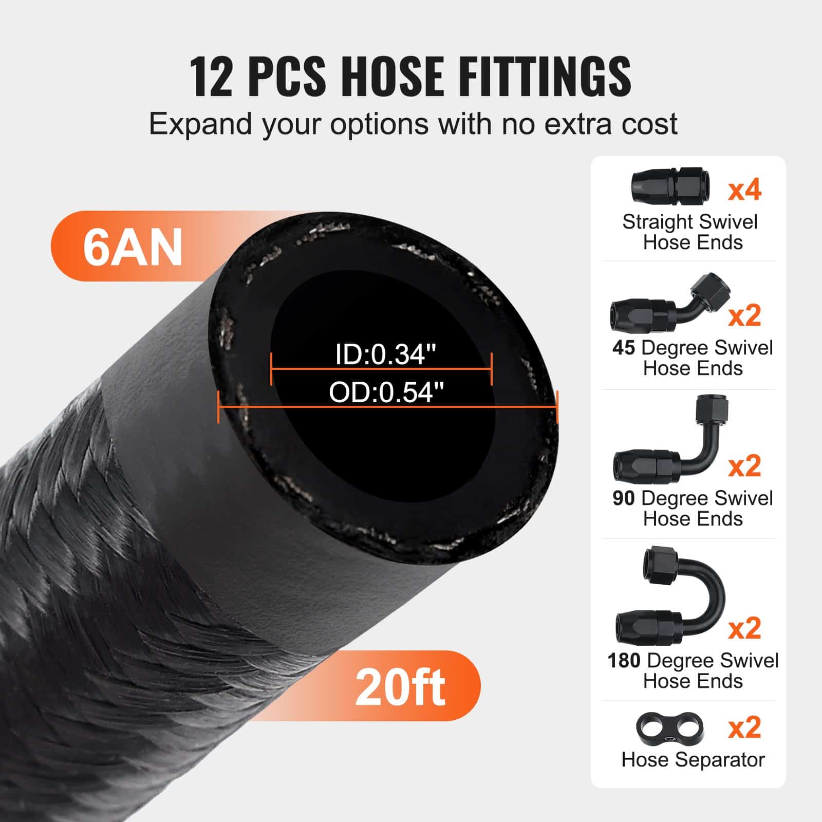 VEVOR 6AN Fuel Line Kit 6.8m, 8.6mm Nylon Braided Hose for Oil/Gas/Diesel, 12 Swivel Fittings, High-Pressure, Black - Image 5