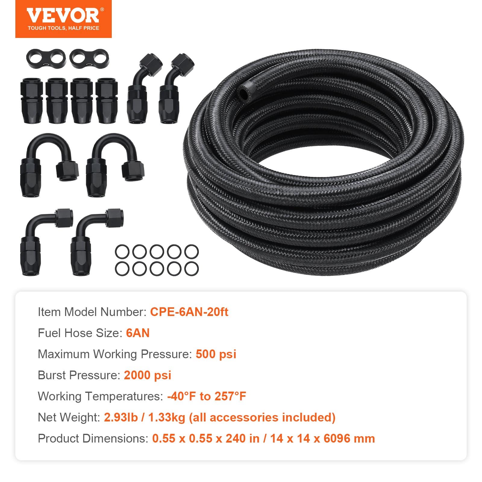 VEVOR 6AN Fuel Line Kit 6.8m, 8.6mm Nylon Braided Hose for Oil/Gas/Diesel, 12 Swivel Fittings, High-Pressure, Black - Image 7