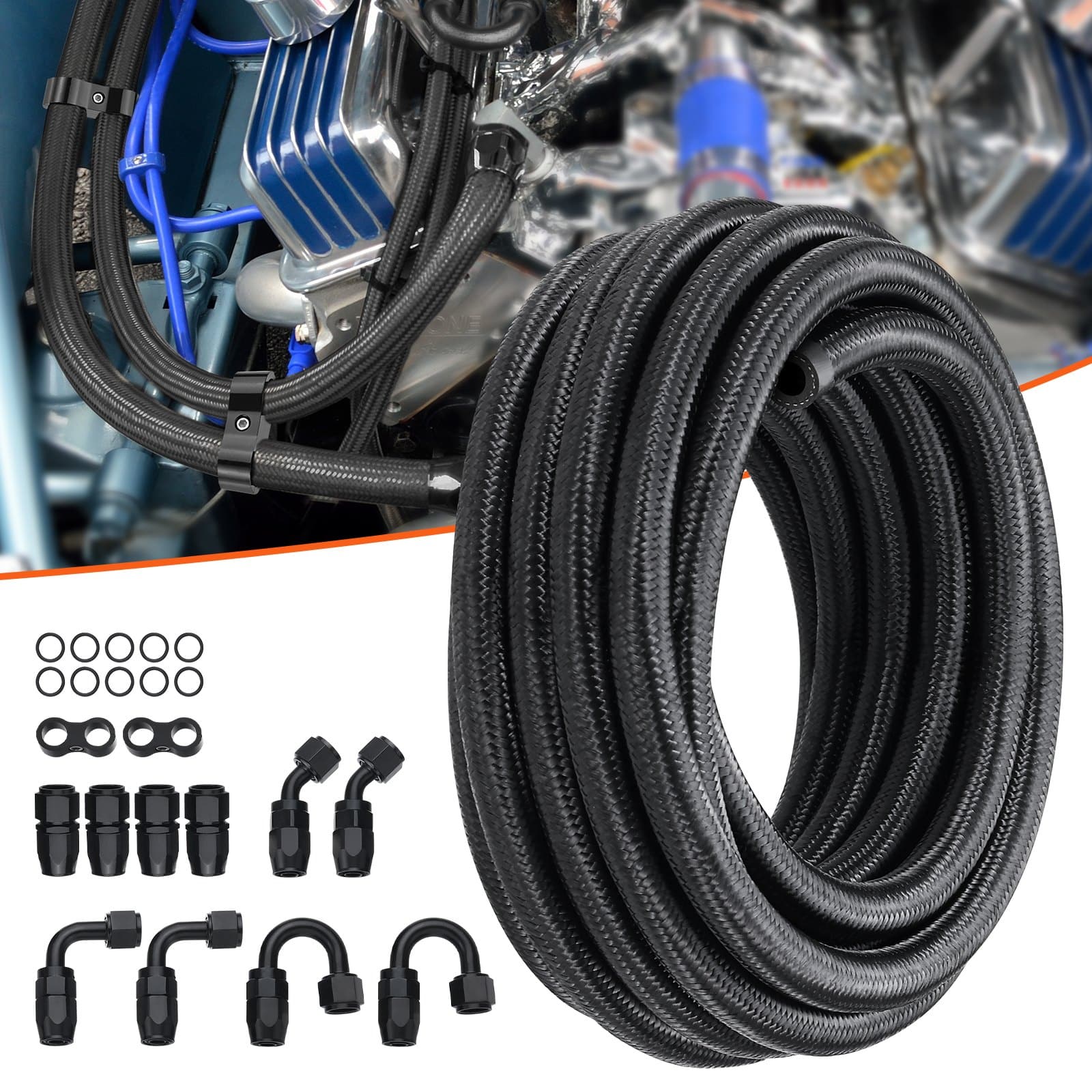 VEVOR 6AN Fuel Line Kit 6.8m, 8.6mm Nylon Braided Hose for Oil/Gas/Diesel, 12 Swivel Fittings, High-Pressure, Black - Image 8