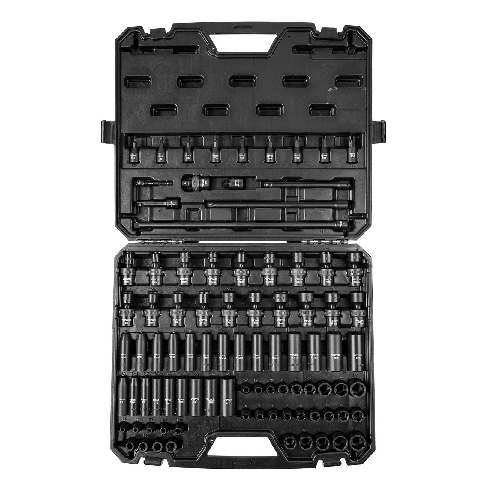 VEVOR 90-Piece 3/8" Drive Impact Socket Set, Cr-Mo Steel, Metric 6–19mm & SAE 6.35–19mm, With Extensions & Storage Case