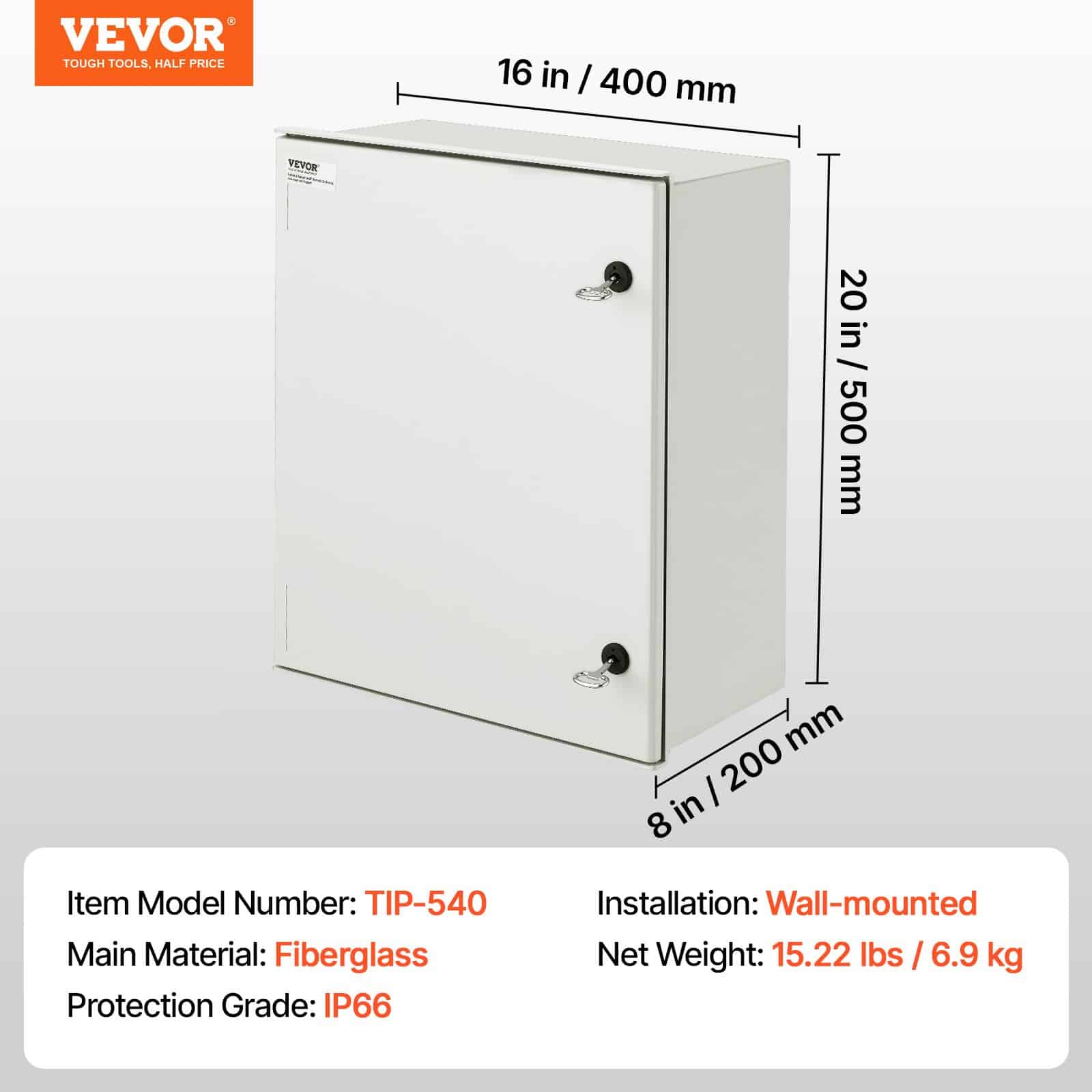 VEVOR IP66 Waterproof Fiberglass Electrical Enclosure Box 50x40x20 cm Wall Mount with Lock & Backplate - Image 7
