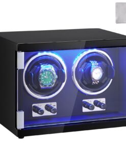 VEVOR двойная шкатулка для подзавода автоматических часов, тихие японские моторы, LED подсветка, черный, PU интерьер