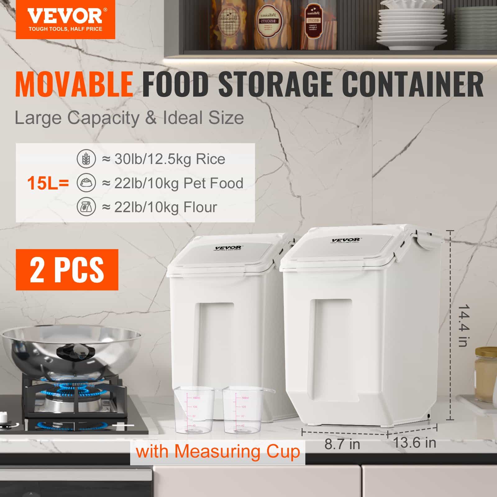 VEVOR 2x15L Airtight Pet Food Storage Bins with Measuring Cups & Wheels – BPA-Free PP, Stackable for Dog Food, Rice, Flour — изображение 2