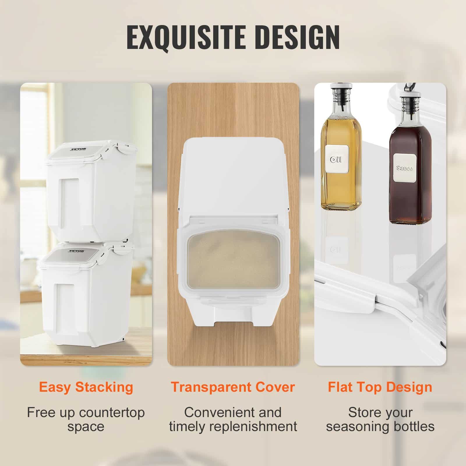 VEVOR 2x15L Airtight Pet Food Storage Bins with Measuring Cups & Wheels – BPA-Free PP, Stackable for Dog Food, Rice, Flour — изображение 6