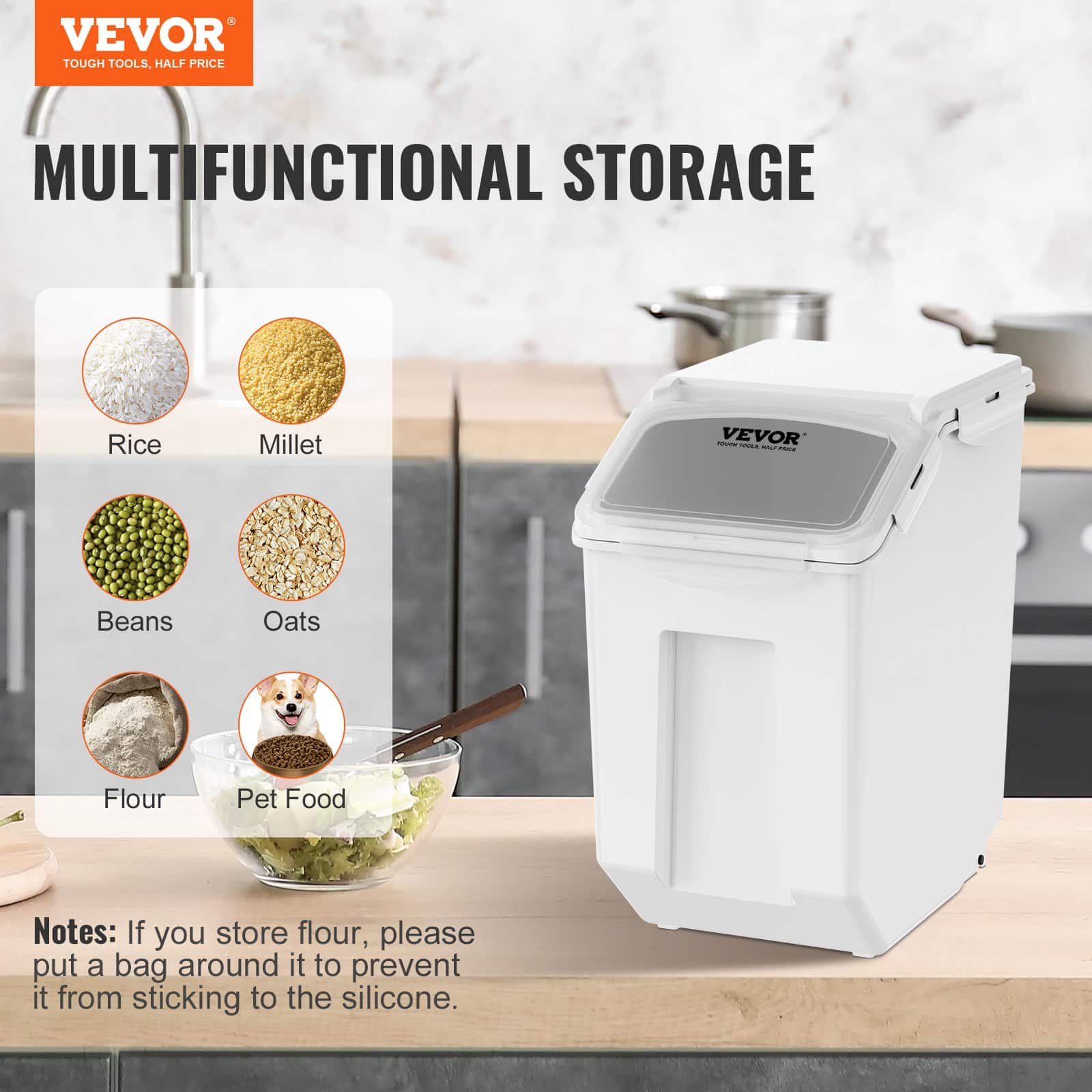 VEVOR 2x15L Airtight Pet Food Storage Bins with Measuring Cups & Wheels – BPA-Free PP, Stackable for Dog Food, Rice, Flour — изображение 7