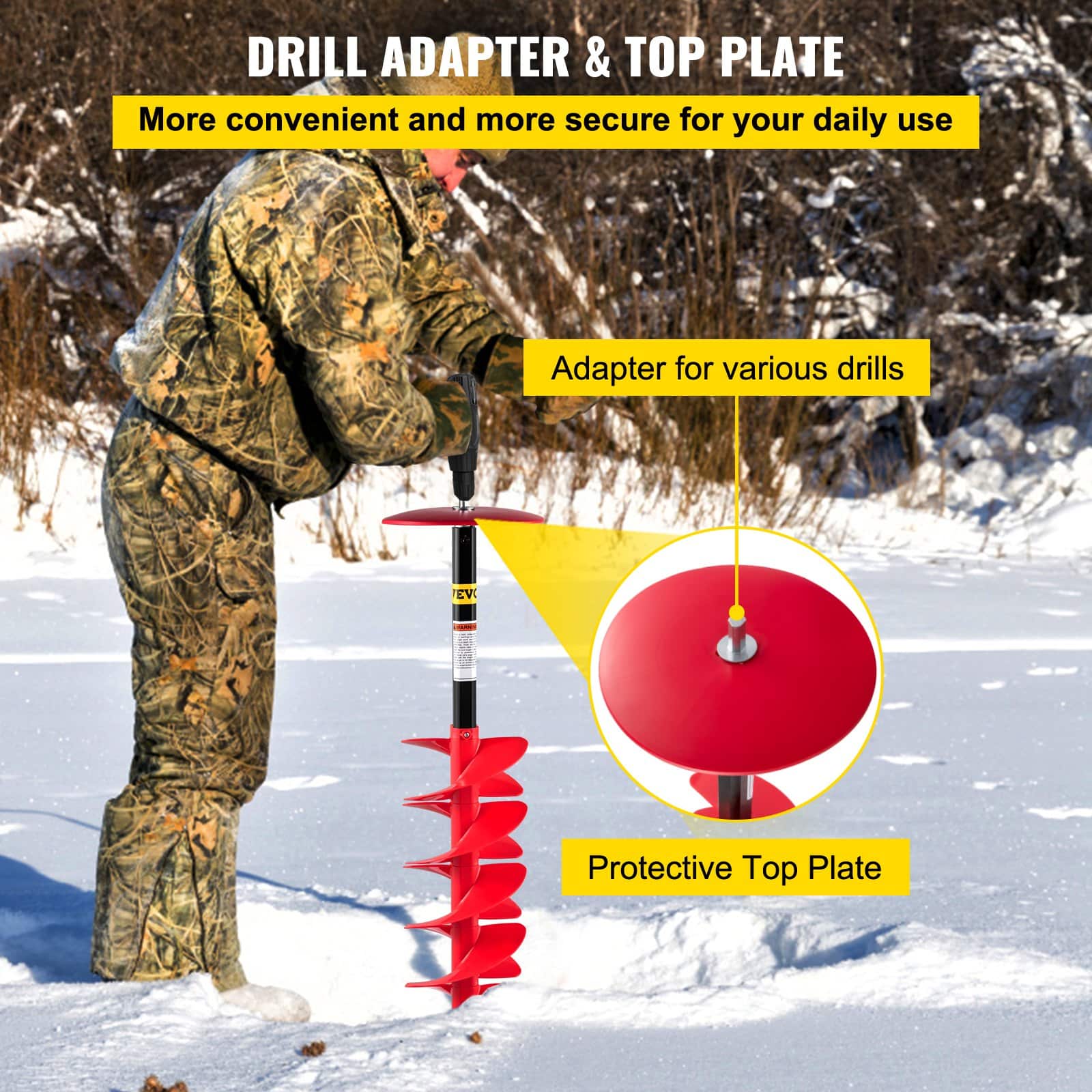 VEVOR Nylon Ice Fishing Auger 15cm Diameter, 99cm Length with 30cm Extension Rod, Drill Adapter, Blade Guard & Top Plate - Image 5
