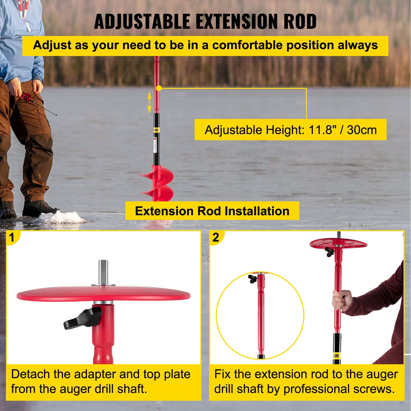 VEVOR Nylon Ice Fishing Auger 15cm Diameter, 99cm Length with 30cm Extension Rod, Drill Adapter, Blade Guard & Top Plate - Image 6