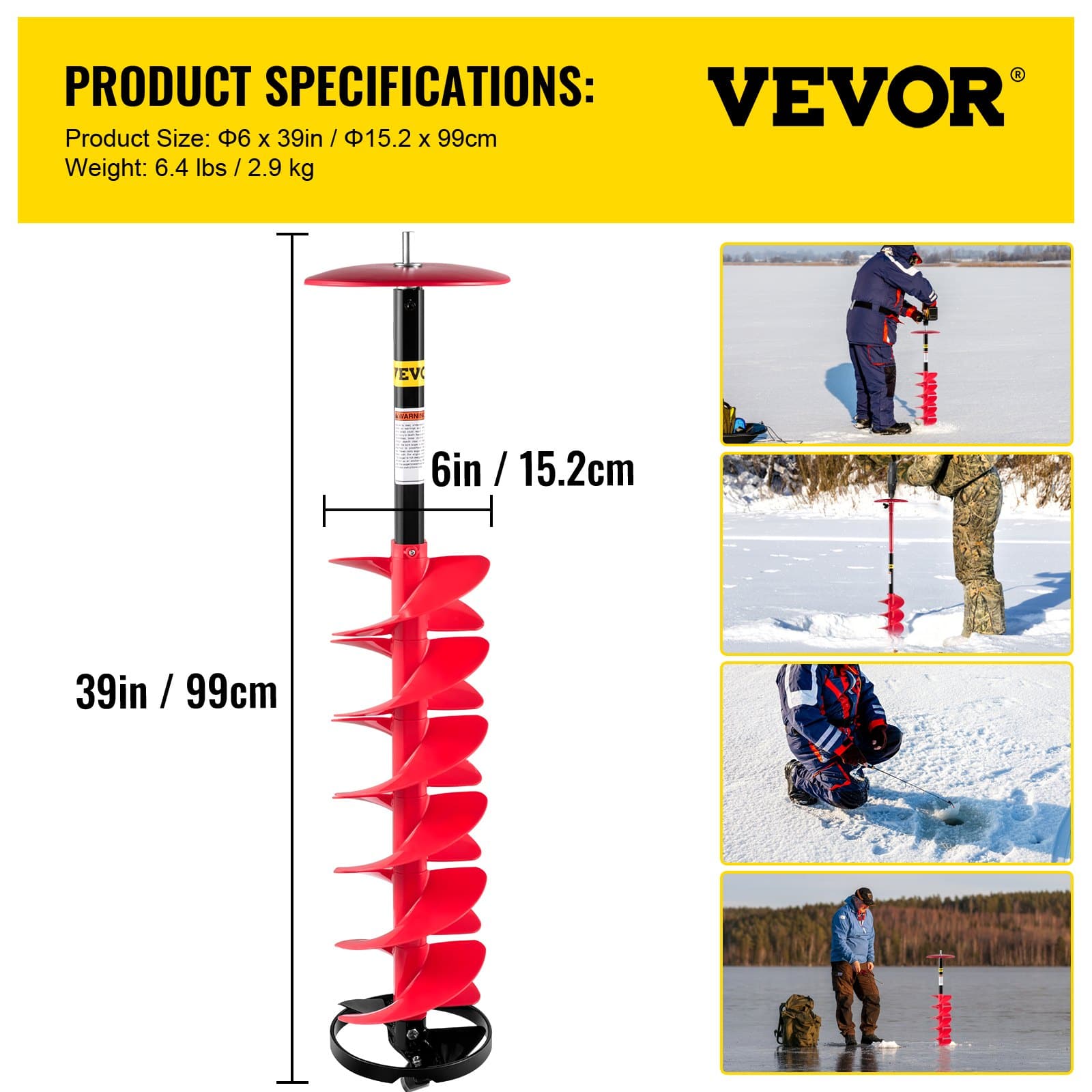 VEVOR Nylon Ice Fishing Auger 15cm Diameter, 99cm Length with 30cm Extension Rod, Drill Adapter, Blade Guard & Top Plate - Image 7