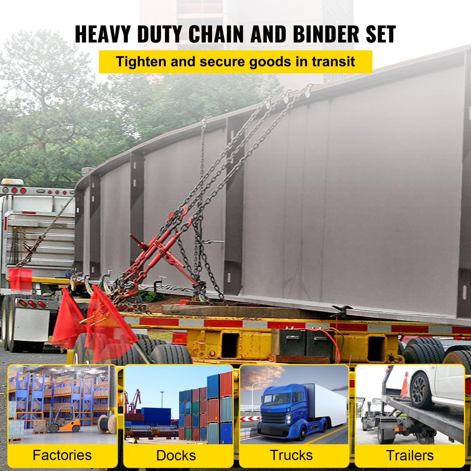 VEVOR 8 mm Chain Load Binder Kit with 2.45 T Capacity, 4 Ratchet Binders & 4 Grade 80 Chains 6.4 m, for Towing & Hauling - Image 2