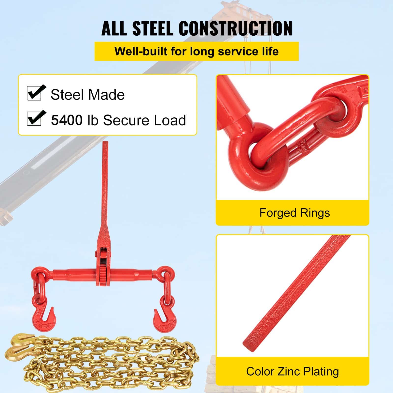 VEVOR 8 mm Chain Load Binder Kit with 2.45 T Capacity, 4 Ratchet Binders & 4 Grade 80 Chains 6.4 m, for Towing & Hauling - Image 3