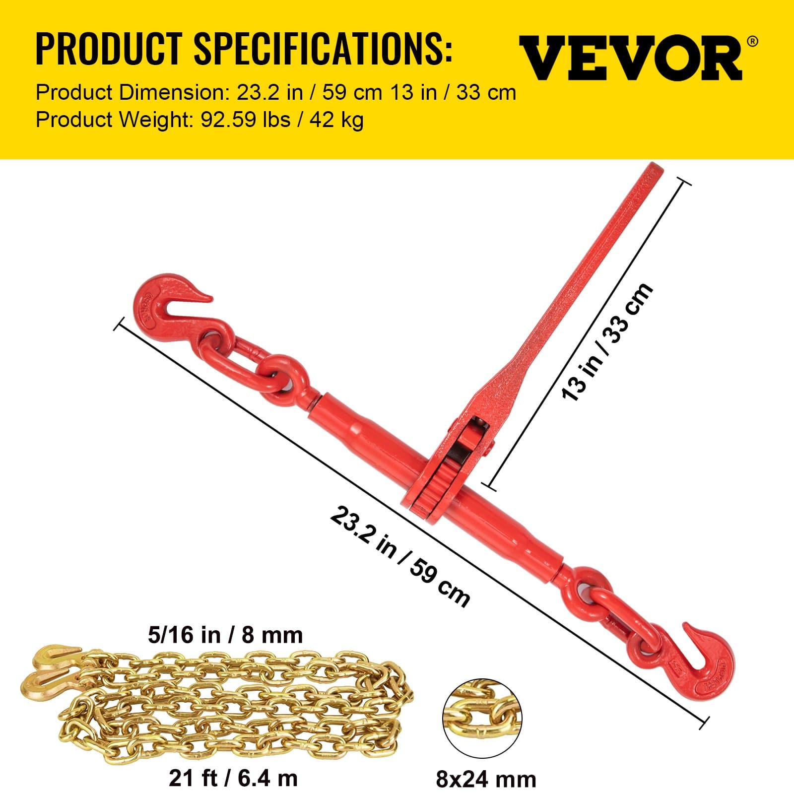 VEVOR 8 mm Chain Load Binder Kit with 2.45 T Capacity, 4 Ratchet Binders & 4 Grade 80 Chains 6.4 m, for Towing & Hauling - Image 7