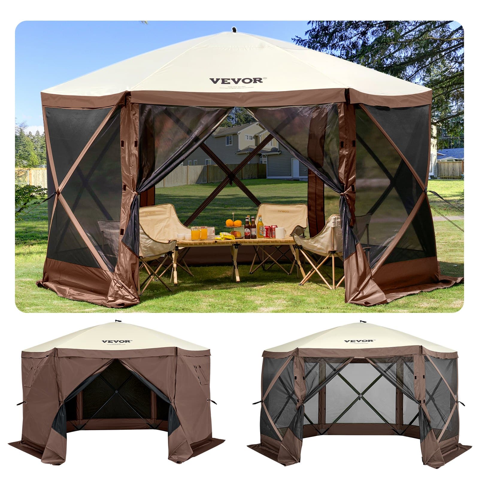 VEVOR 3x3 m Pop-up Gazebo Screen Tent, 6-Sided Outdoor Canopy with Mesh Windows, Carry Bag & Stakes for Camping & Backyard