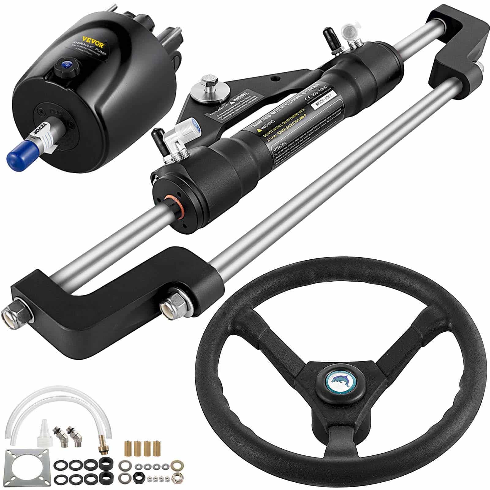VEVOR Hydraulic Boat Steering Kit for 300HP Outboards, 13.5" Wheel, Pump & Cylinder, Ideal for Boats up to 60 MPH