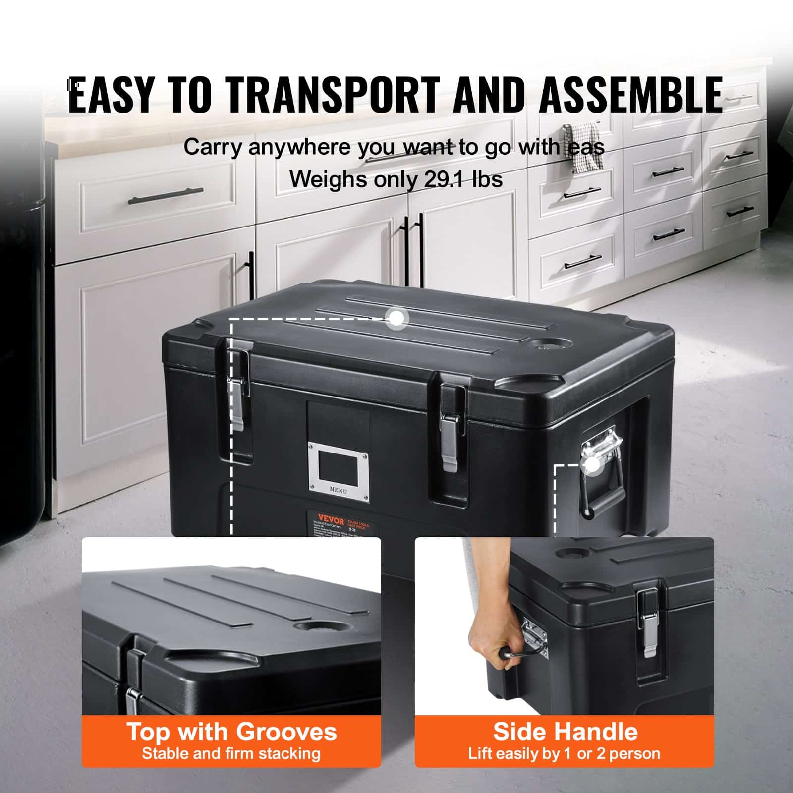VEVOR 34L Insulated Food Carrier with 3 Stainless Steel Pans, Stackable Hot Box, Top Load, Black, for Catering & Delivery - Image 5