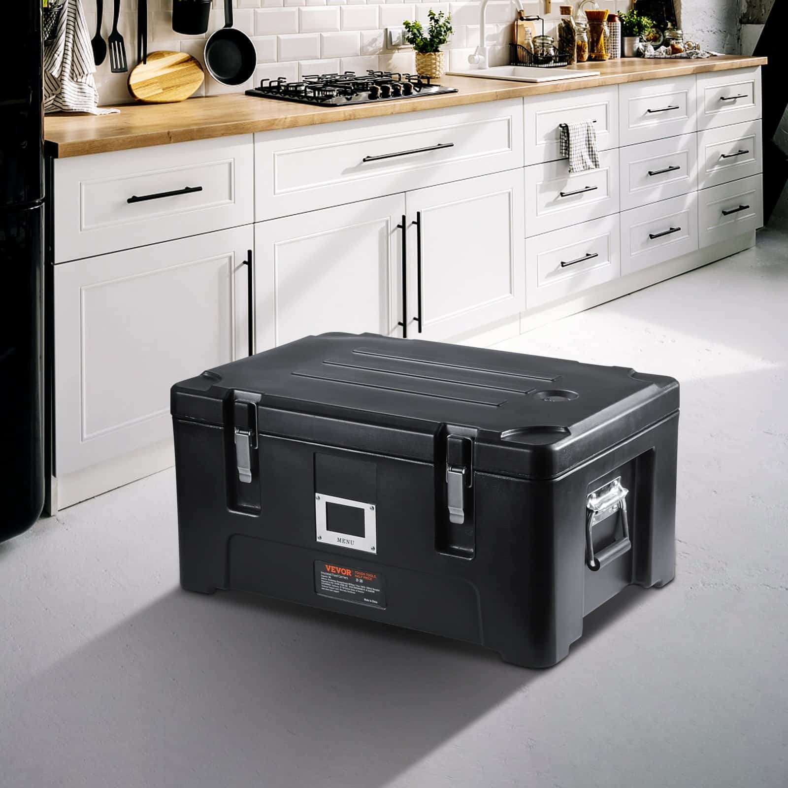 VEVOR 34L Insulated Food Carrier with 3 Stainless Steel Pans, Stackable Hot Box, Top Load, Black, for Catering & Delivery - Image 8