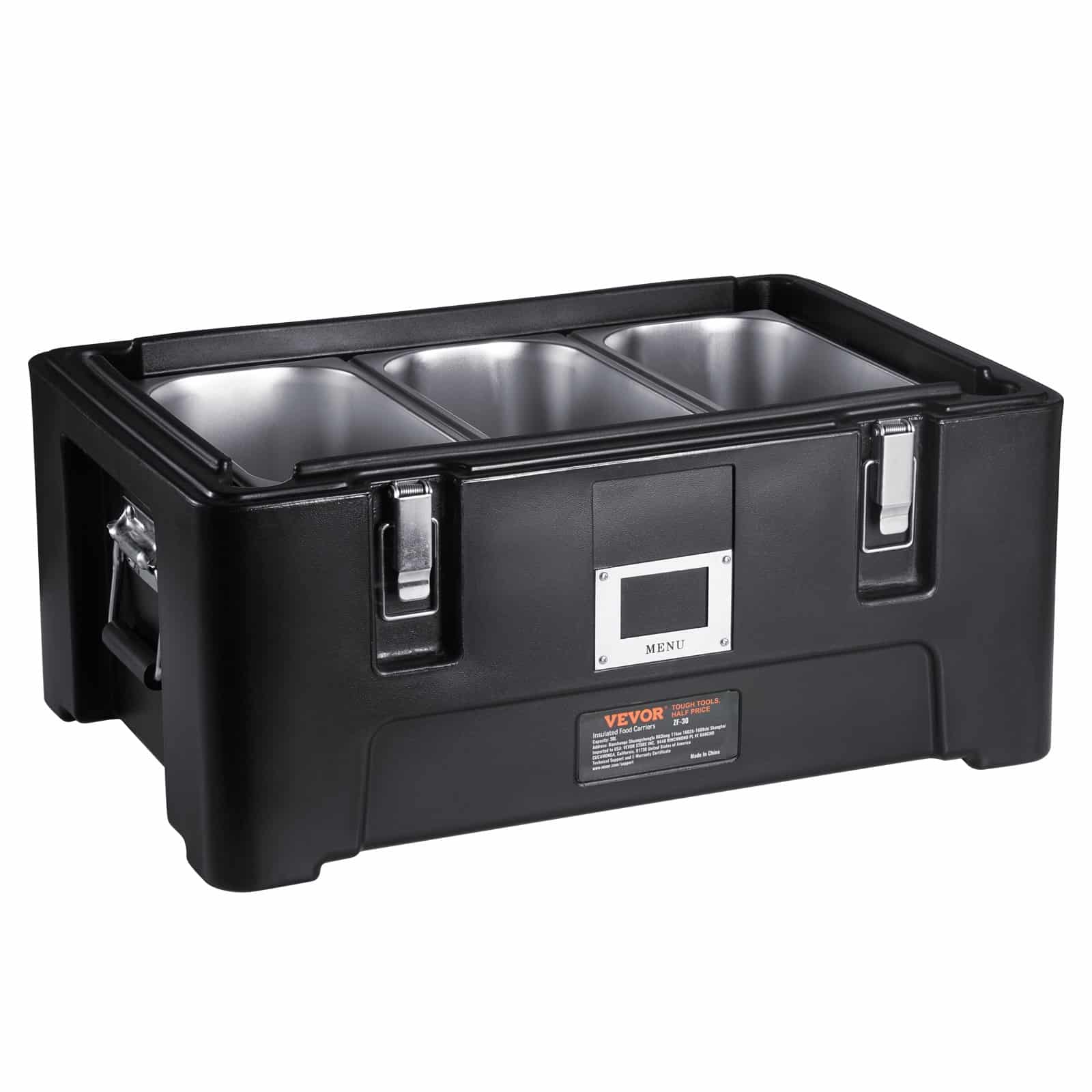 VEVOR 34L Insulated Food Carrier with 3 Stainless Steel Pans, Stackable Hot Box, Top Load, Black, for Catering & Delivery - Image 11