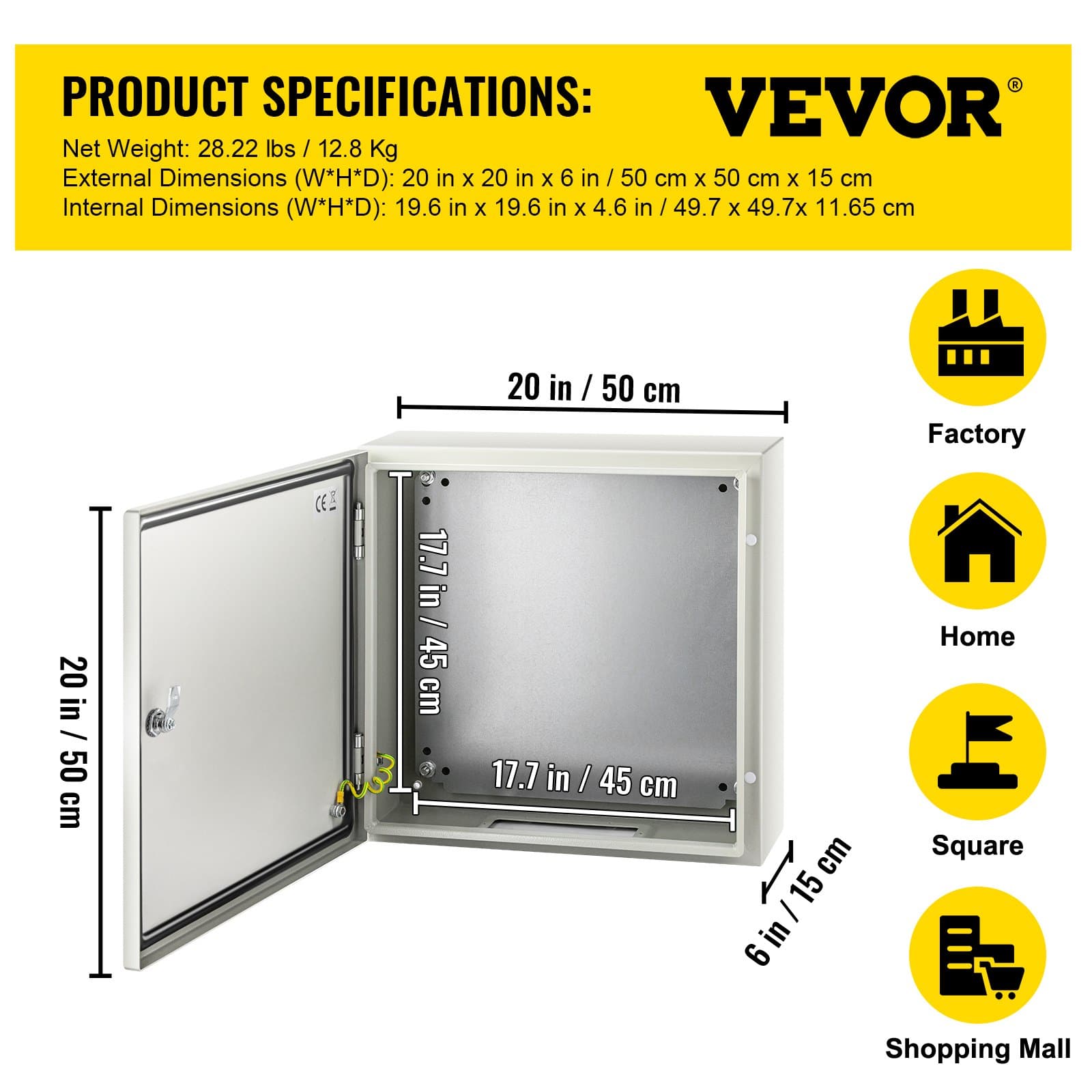 VEVOR 50x50x15 cm Steel Electrical Enclosure, IP66 Waterproof NEMA 4X Box with Mounting Plate for Indoor/Outdoor Use - Зображення 7