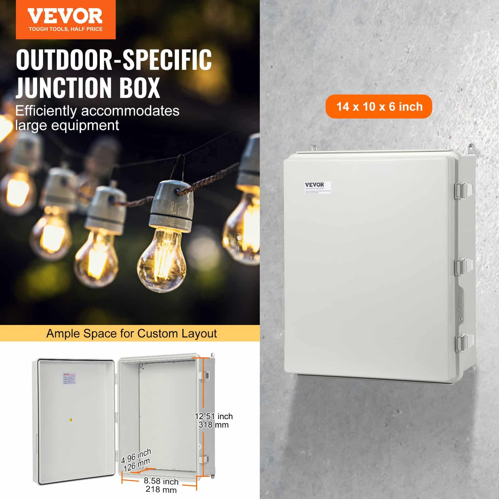 VEVOR IP67 Outdoor Electrical Junction Box 350x250x150mm ABS with Hinged Cover & Stainless Latch, Waterproof & Dustproof Enclosure - Зображення 2