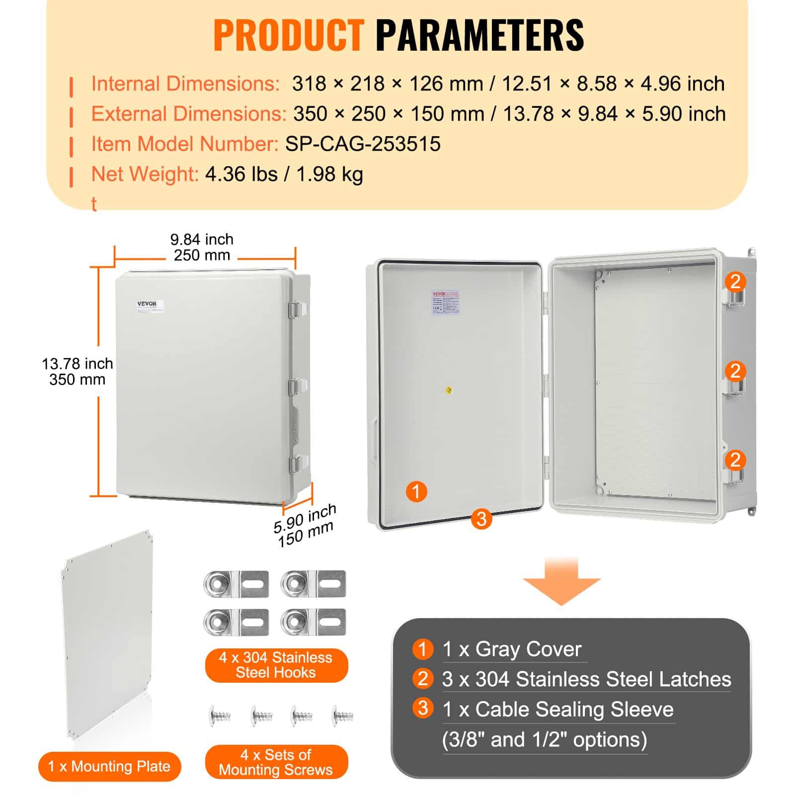 VEVOR IP67 Outdoor Electrical Junction Box 350x250x150mm ABS with Hinged Cover & Stainless Latch, Waterproof & Dustproof Enclosure - Зображення 7