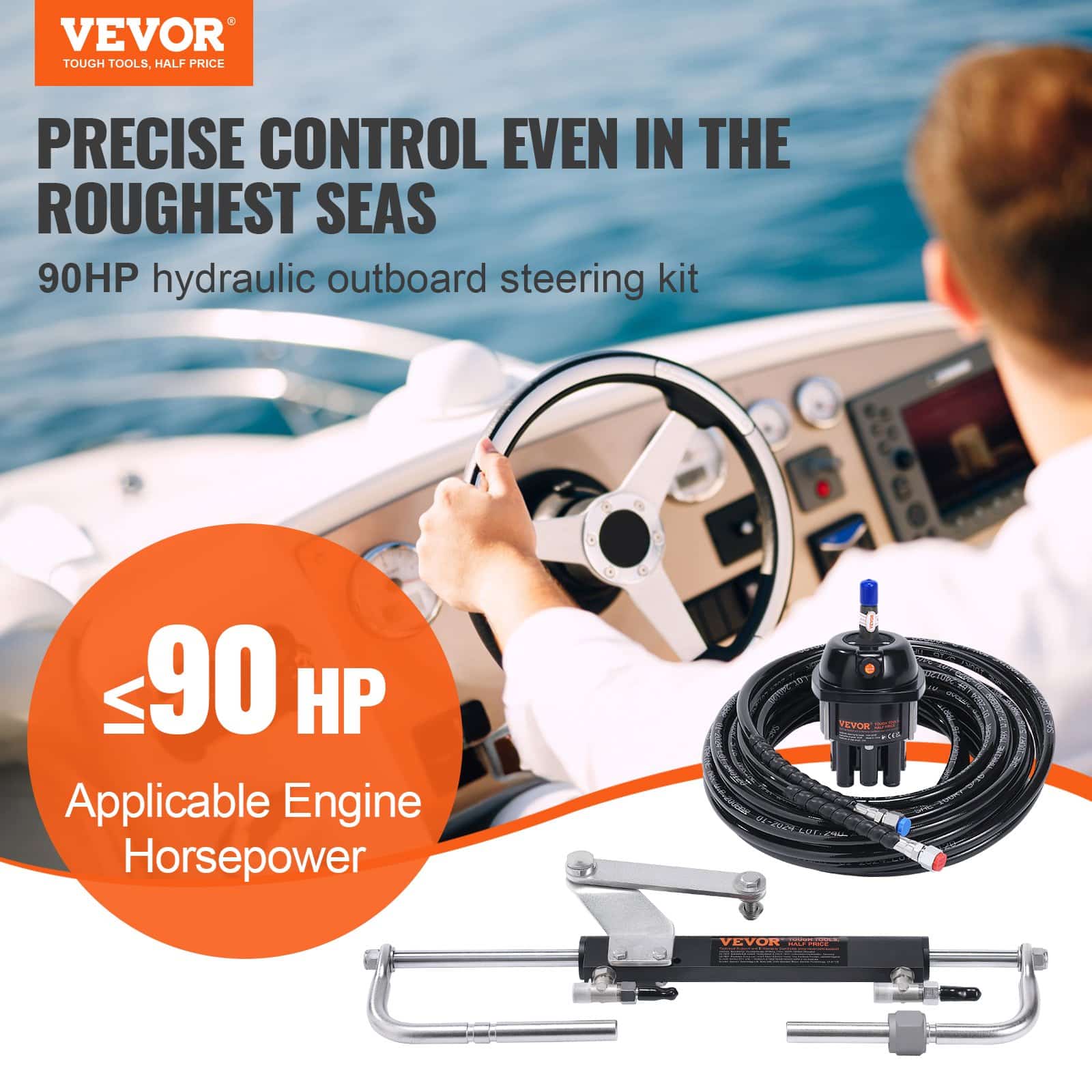 VEVOR Marine Hydraulic Steering Kit for Outboard Motors up to 90HP – Includes Helm Pump, Lock Cylinder & 6m Hoses - Image 2