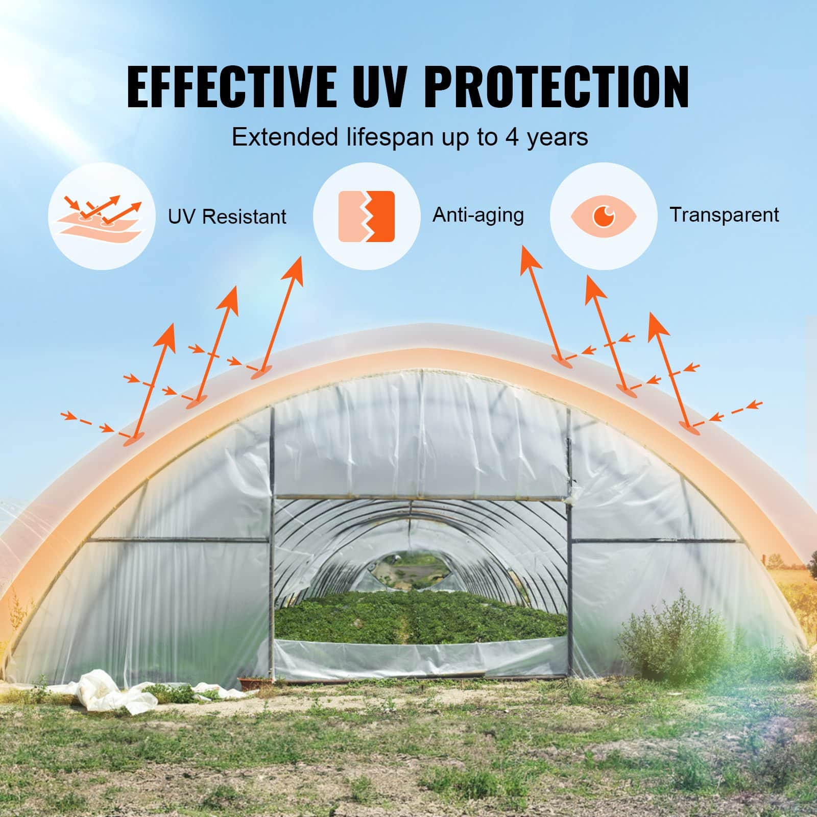 VEVOR Clear Greenhouse Film 3.66x15.24m, 150 Micron Polyethylene, UV Resistant 4 Years, for Gardening, Farming, Agriculture - Зображення 3